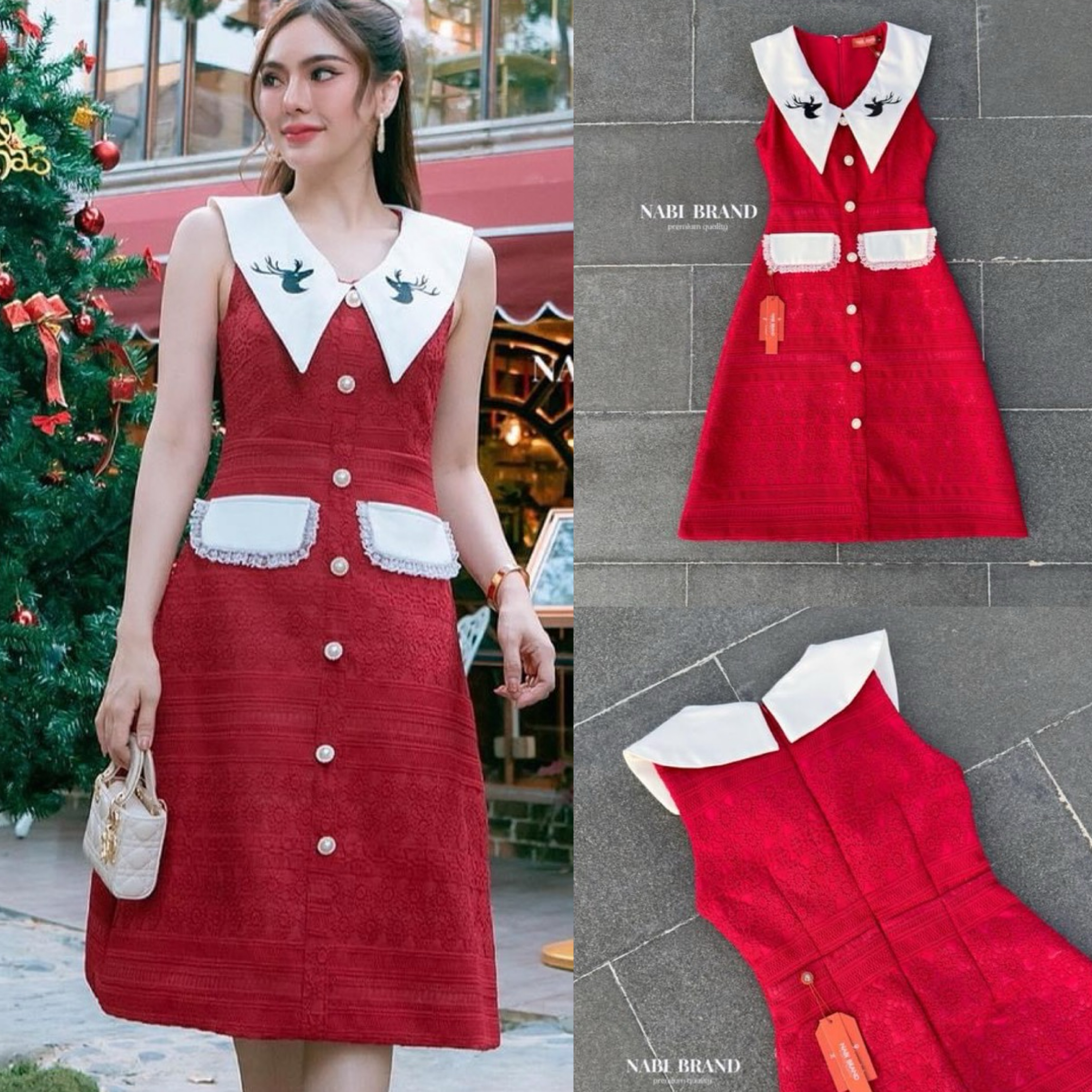 เดรสแขนกุดสีแดง💋 คอปกสีขาวและ งานปักรูปกวางreindeer งานลูกไม้คือดีย์แน่นใส่สบาย สินค้าคุณภาพ (พร้อมส่ง)