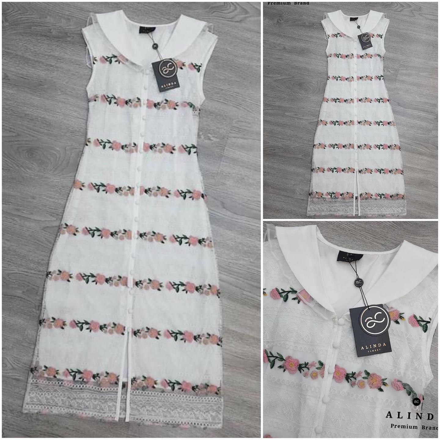 เดรสยาวผ้าลูกไม้ ปักลายดอกไม้ โทนสีชมพู สวยหวาน แขนกุด คอปกทหารแต่ง ระบาย . สินค้าคุณภาพ (พร้อมส่ง)