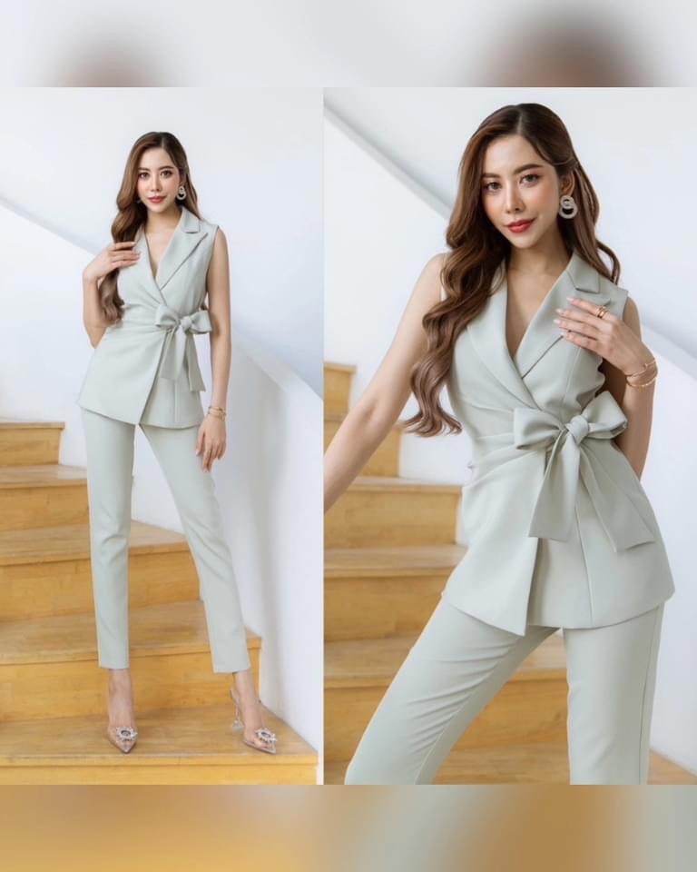 เซตเสื้อสูทแขนกุดผูกโบว์เอว +กางเกงขากระบอกเล็ก เนื้อผ้าสวย เนื้อนุ่ม ใส่สบาย ใส่สบาย สินค้าคุณภาพ (พร้อมส่ง)