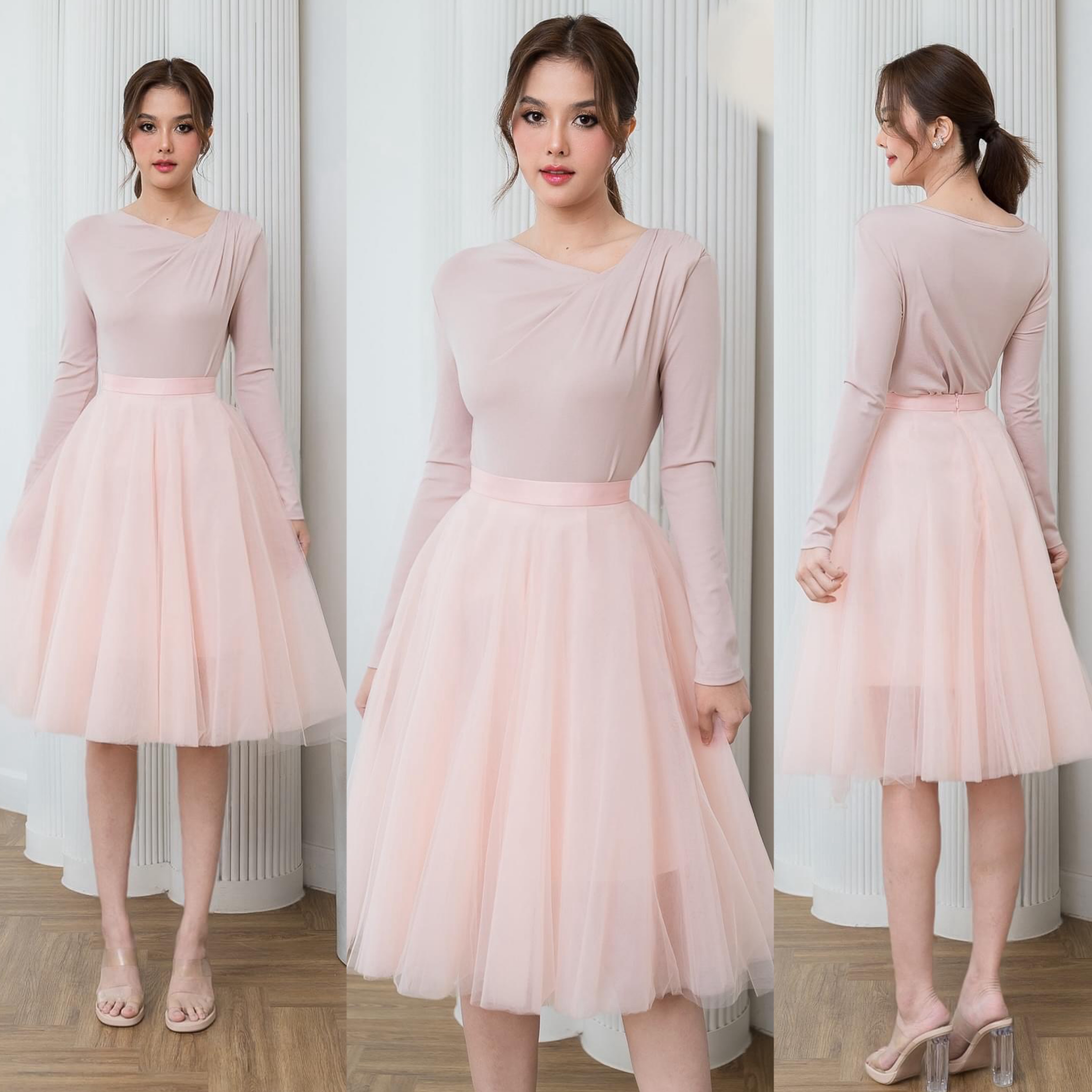 เขตเสื้อคอกว้างแขนยาว ลูกเล่นทวิสต์ที่คอเสื้อ ทรงเข้ารูปเล็กน้อย+ กระโปรงบานทรงวงกลม ใส่สบาย : สินค้าคุณภาพ (พร้อมส่ง)