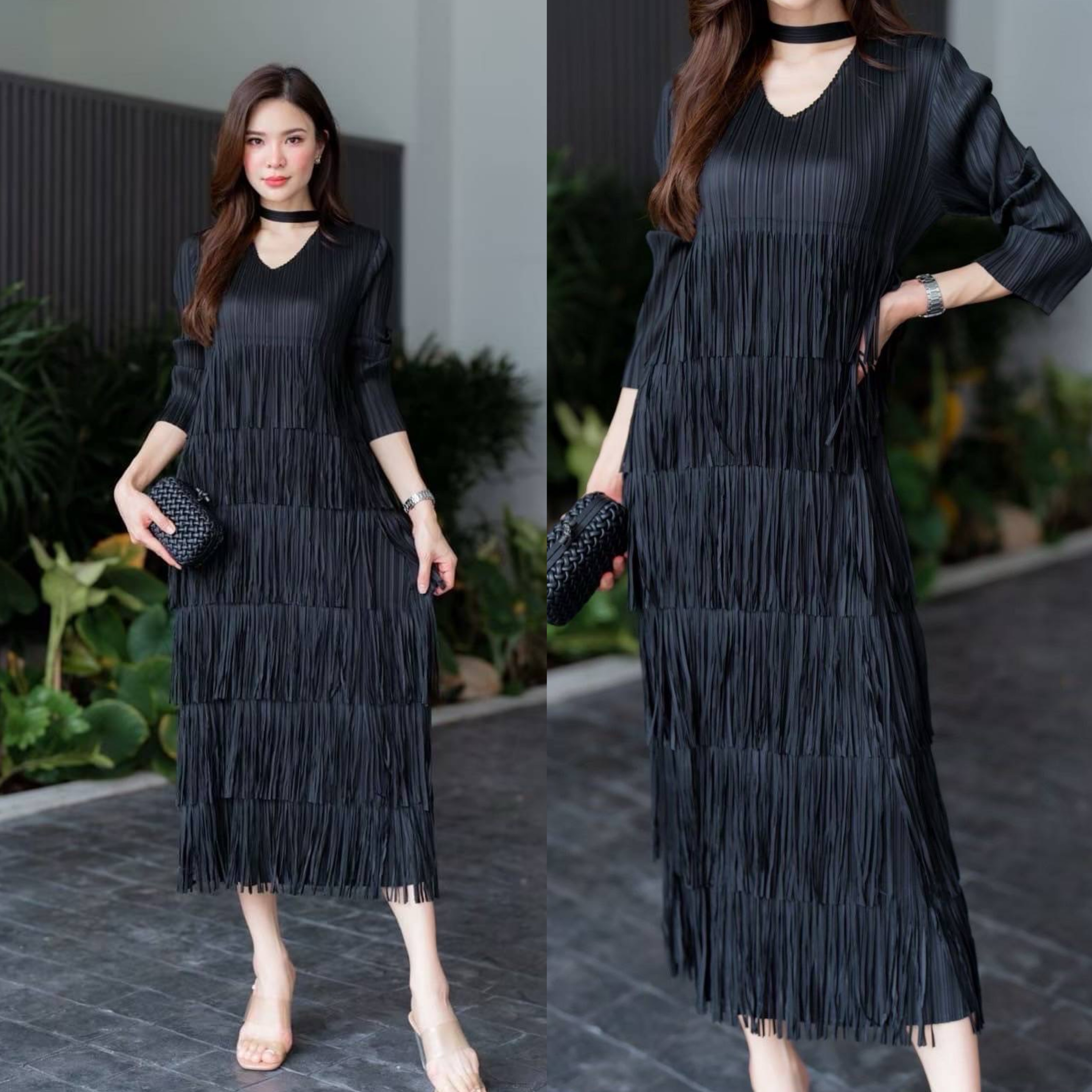 เดรสอัดพลีท คอวี แขนยาว แพตเทิร์นดีงามมว้ากเล่นระดับ ชายพู่ ถึง 6 ชั้น ได้อย่างลงตัว ฟรุ๊งฟริ๊ง ใส่สบาย : สินค้าคุณภาพ (พร้อมส่ง)