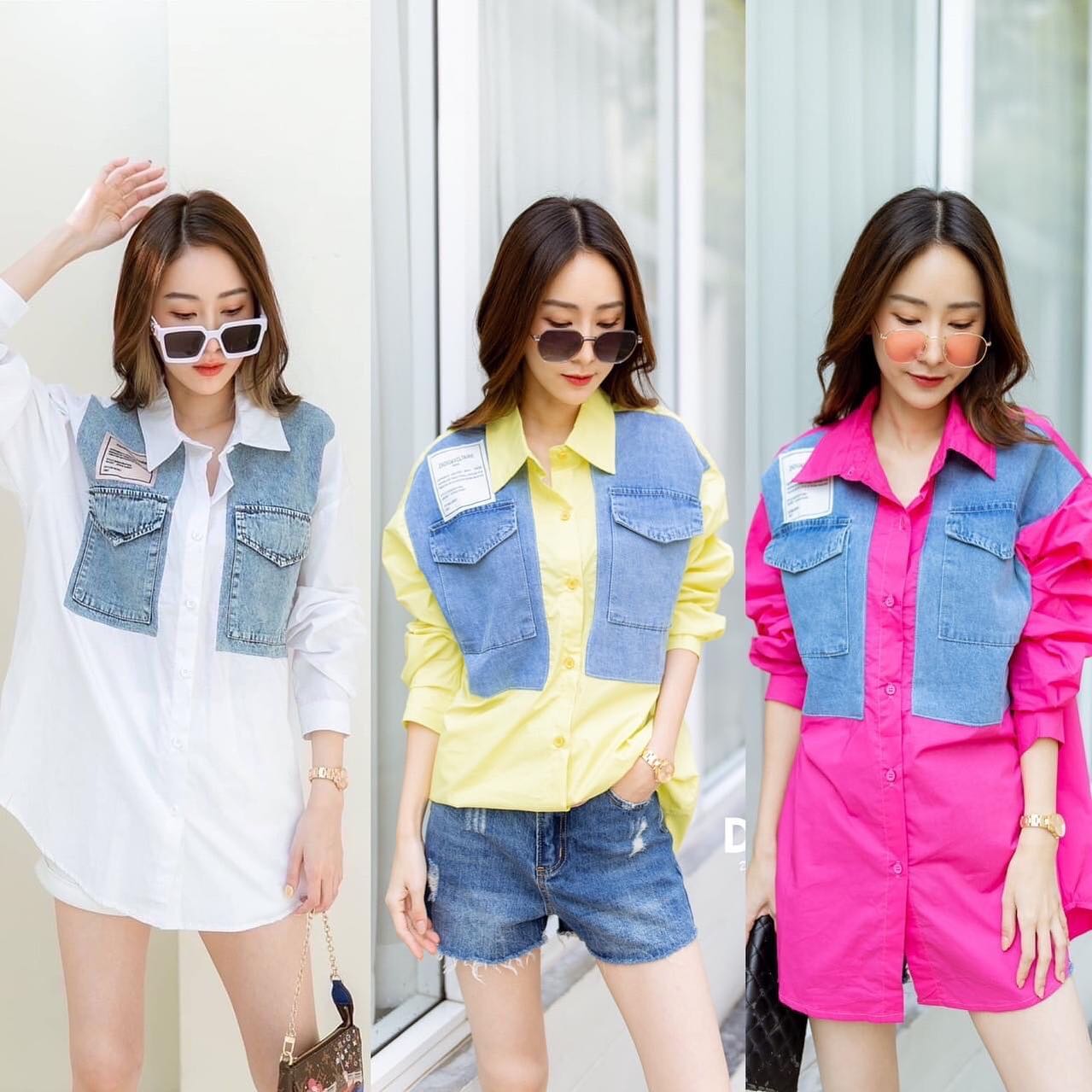 เชิ้ต jeans oversize ผ้าเชิ้ตต่อยีนช่วงอก ชุดนี้แนะนำงานจริงสวยมาก : สินค้าคุณภาพ (พร้อมส่ง)