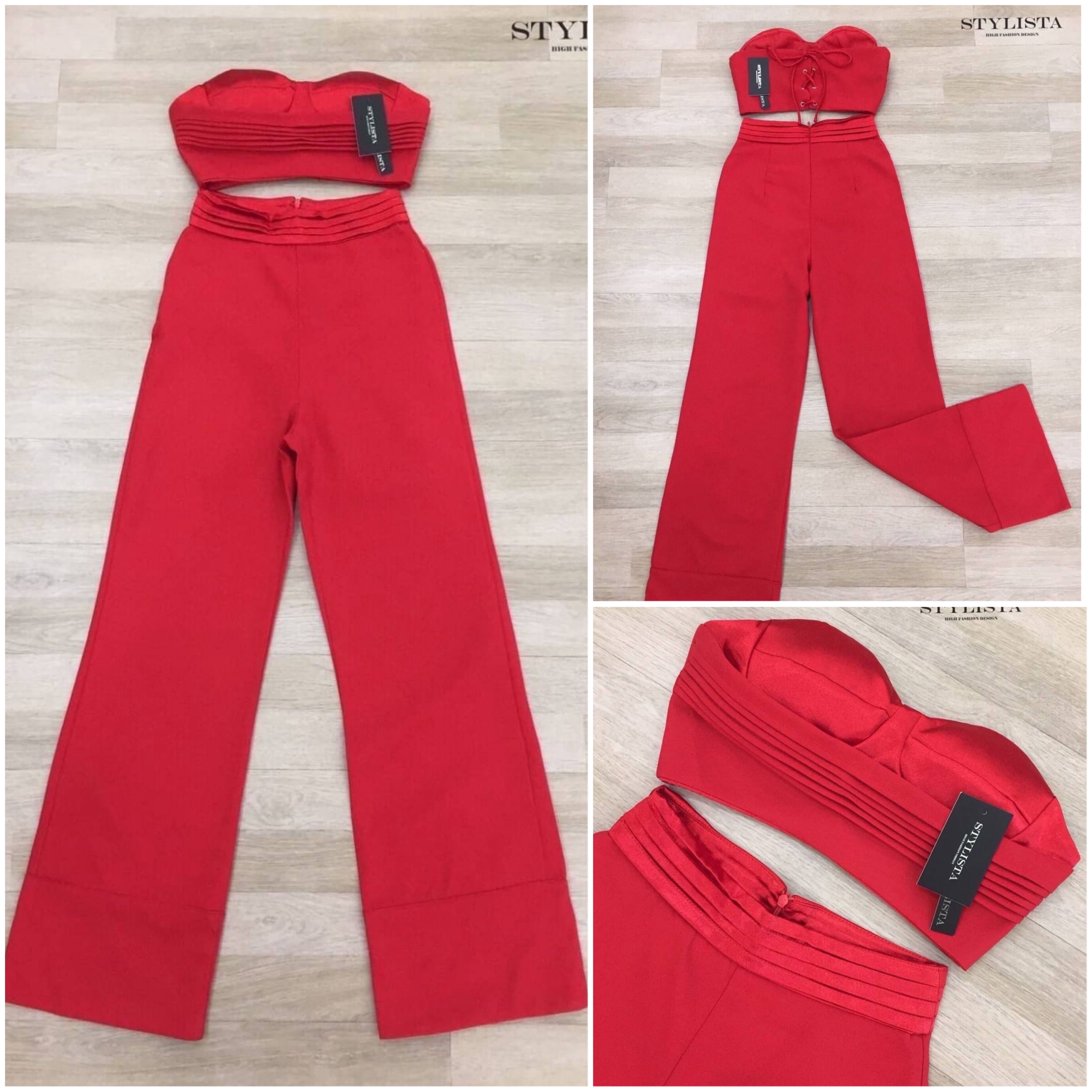 Set เสื้อเกาะอก กางเกงขายาว สีแดงสด ใส่สวยเรียบหรูดูดีมาก แพลตเทินดีงาม ใส่สวยเปะสุดๆ สินค้าคุณภาพ (พร้อมส่ง)