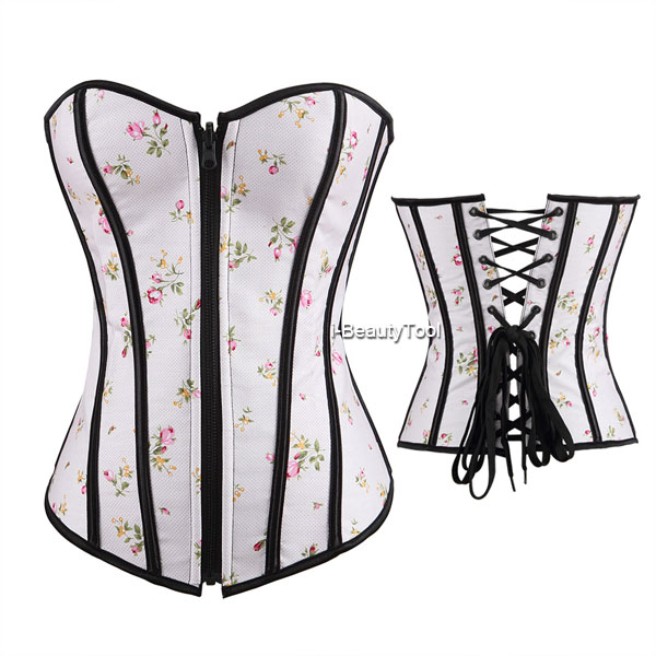 คอร์เซ็ท Corset สีชมพูอ่อน สกรีนด้วยลายดอกฟลอร่า ซิปหน้า