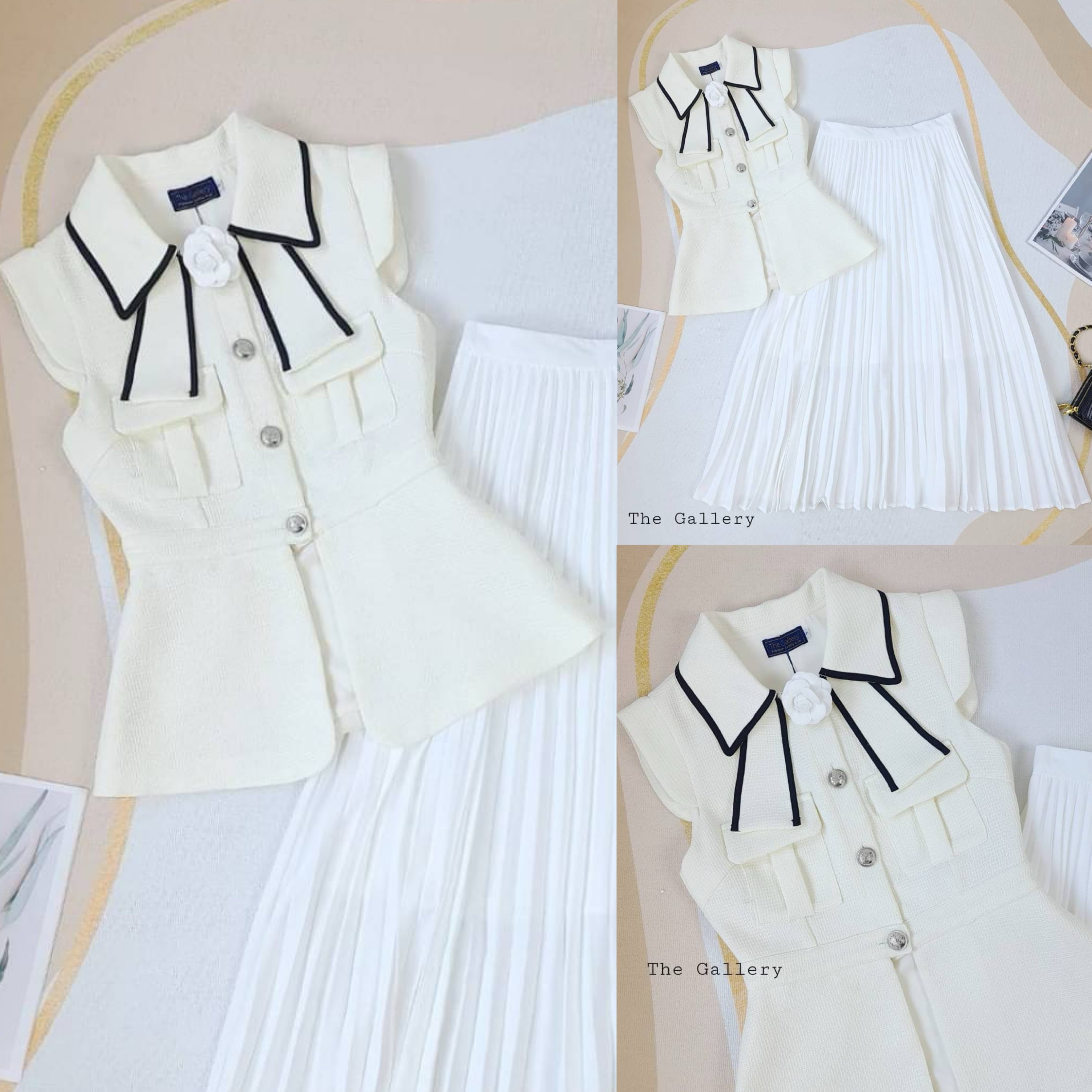 เซ็ต3ชิ้นเสื้อและกระโปรงอัดพลีต+เข็มกลัดดอกไม้เข้าชุด มาพร้อมซับในทั้งเสื้อและกระโปรง สินค้าคุณภาพ (พร้อมส่ง)