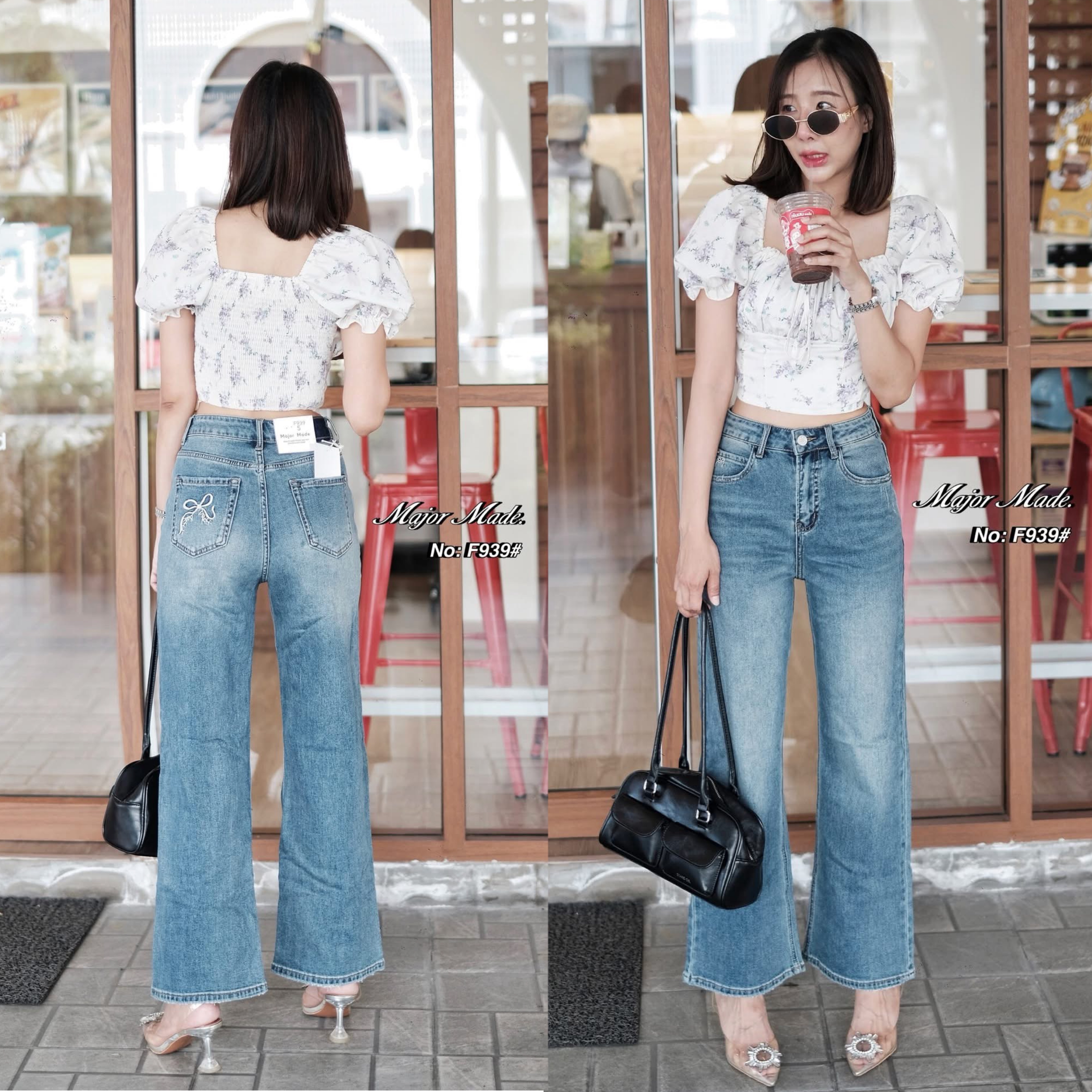 กางเกงยีนส์ขากระบอก ทรงเอวสูงงงง ดีเทลมีเย็ดรูปโบว์สีขาวตรงกระเป๋าหน้าหลัง ใส่สบาย : สินค้าคุณภาพ (พร้อมส่ง)