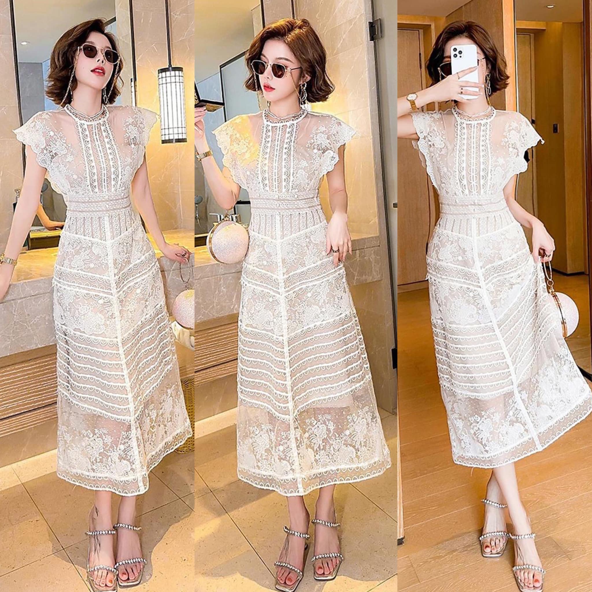 เดรสเสื้อคอกลม แขนล้ำ กระโปรงทรงเอ ทำจากผ้าลูกไม้ โครเชต์ แต่งกระดุมปั๊มและเทปลูกไม้ รอบตัว คัตติ้งประณีตมีซิปซ่อนและ ซับในสีเนื้อค่ะ ( ลูกไม้หยัก ) สินค้าคุณภาพ (พร้อมส่ง)