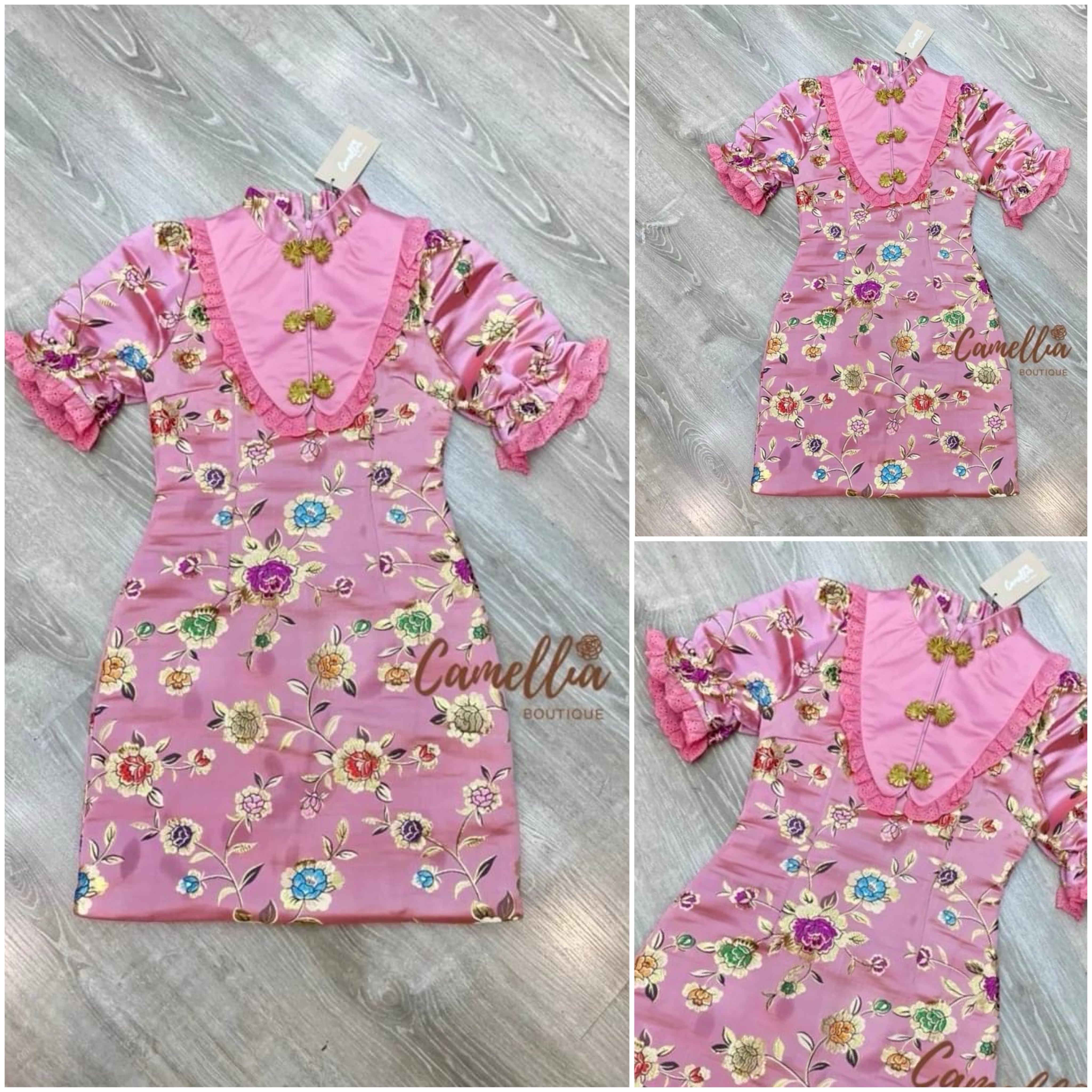 กี่เพ้าเดรสผ้าทอปักลายดอกไม้สีสวยสะดุดตา เรียบหรู ดูแพงมากคะ ช่วงอกแต่งลูกไม้ แต่งตุ๊กตา น่ารักสุดๆ ใส่สบาย สินค้าคุณภาพ (พร้อมส่ง)