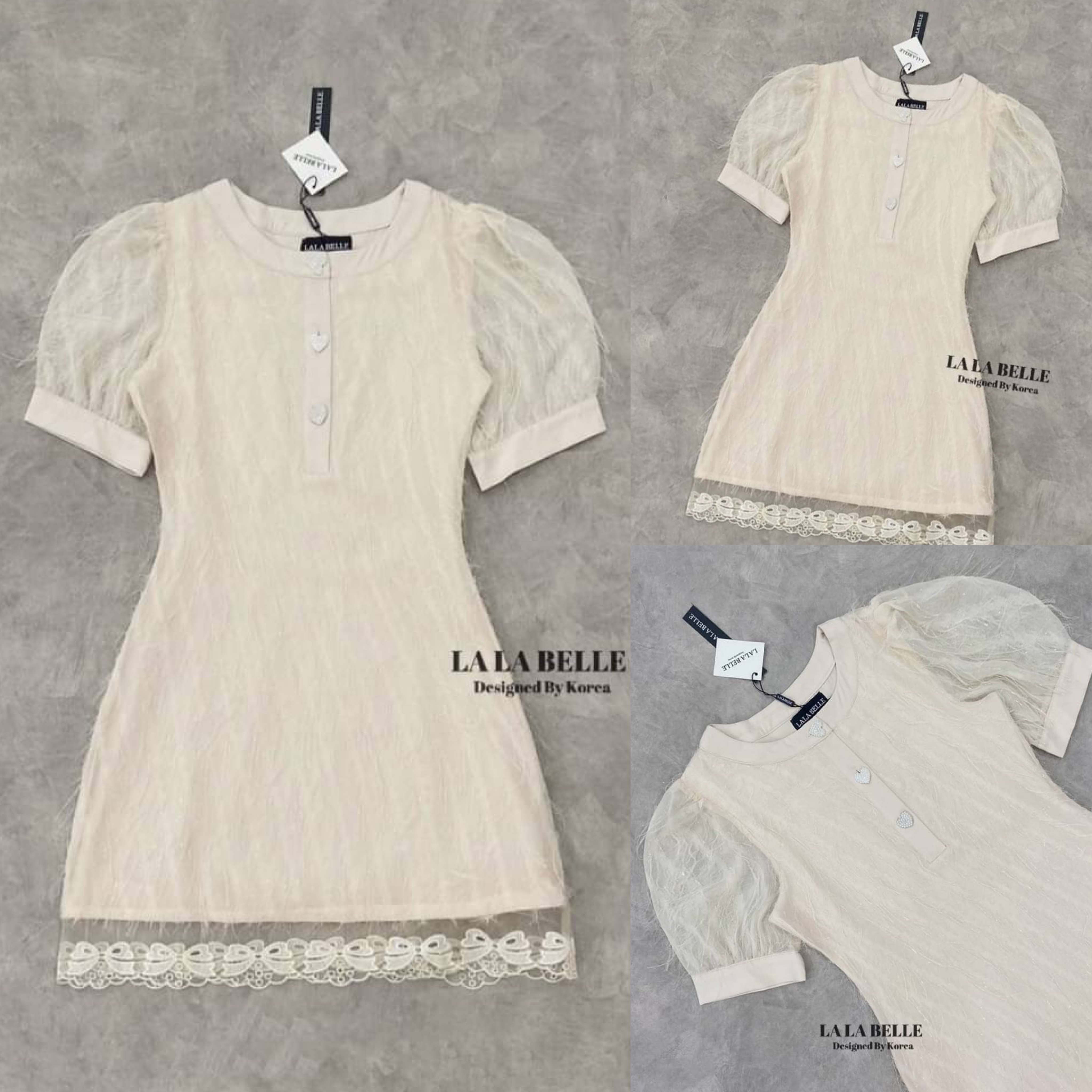 เดรสผ้าขนๆวิ้งๆคอกลมกระดุมหน้าแขนตุ๊กตาเอวเข้าทรง กระโปรงทรงสอบๆชายกระโปรงแต่งลูกไม้ลายโบว์มาพร้อมซิปข้างใส่ง่าย ใส่สบาย สินค้าคุณภาพ (พร้อมส่ง)