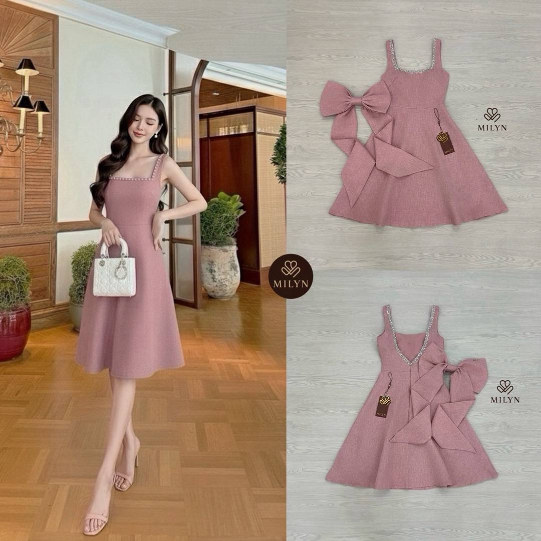 เดรสสีชมพูตัวเดรสแขนกุดแต่งอะไหล่เพชรขอบชุดช่วงอกเชื่อมไปด้านหลัง ใส่สบาย : สินค้าคุณภาพ (พร้อมส่ง)