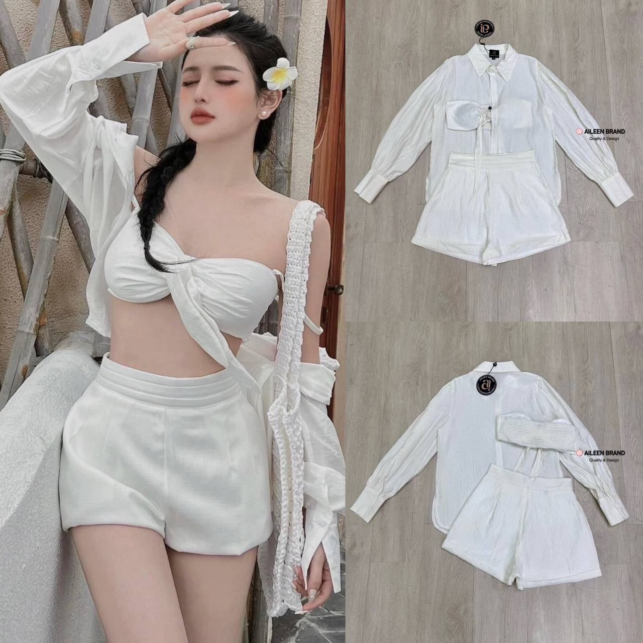 Set 3 ชิ้นสีขาว ครอปเกาะอกตัวจิ๋ว ( เสริมฟองน้ำอย่างดี ด้านหลังสมอค ) ด้านหน้าแต่งสายยาวผูกกลางเป็นโบว์ มาพร้อมกับกางเกงขาสั้นเอวสูง สินค้าคุณภาพ (พร้อมส่ง)