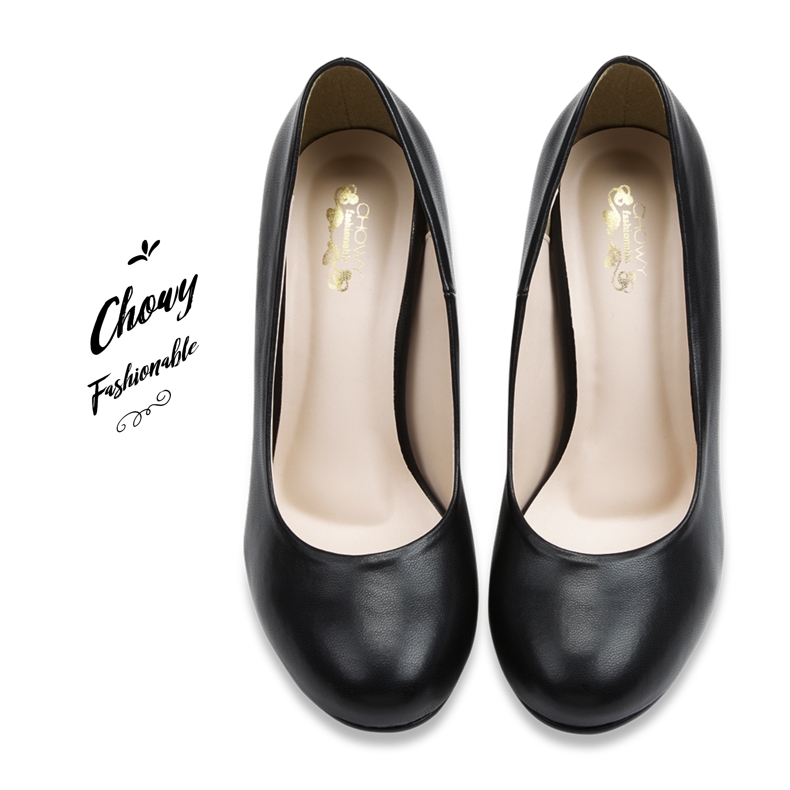 รองเท้าไซส์ใหญ่ 37-50 คัชชูส้นเตี้ย หัวกลม สูง 3 นิ้ว Minimal Classic Style Black สีดำ CHOWY CH0155BL
