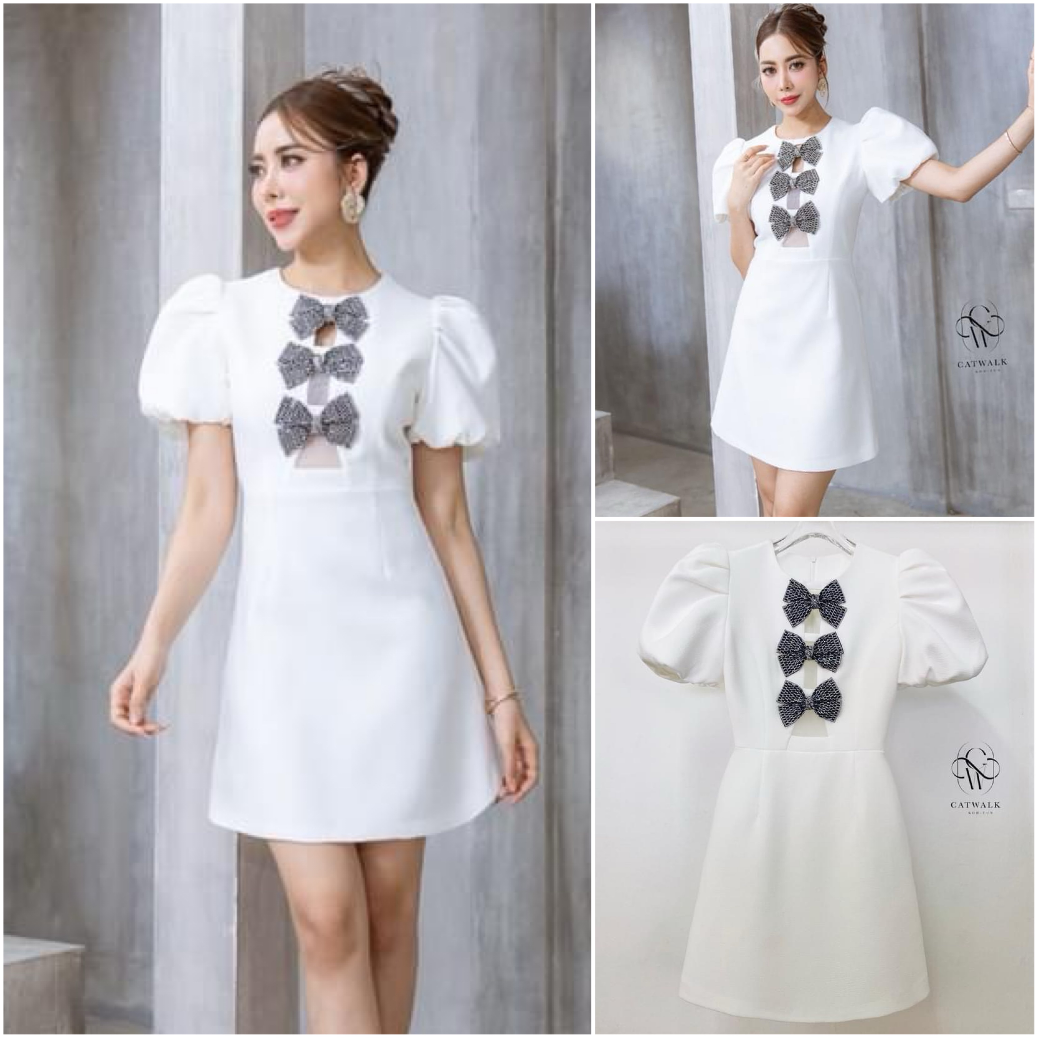 เดรสแขนพองแต่งโบว์เพชรอก เนื้อผ้าเกรดเอ ตัวชุดเป็นทรงเข้ารูป กระโปรงเป็นทรงA สินค้าคุณภาพ (พร้อมส่ง)