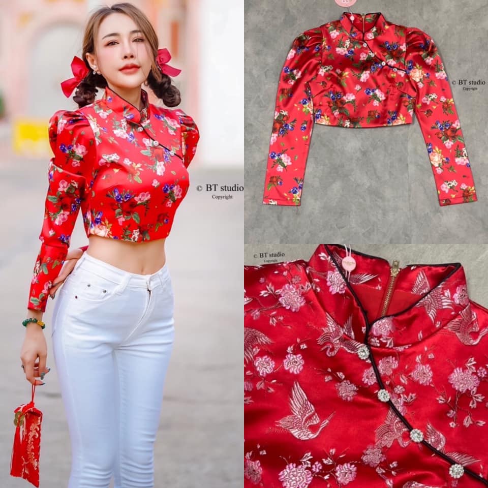 เสื้อครอปสั้นแขนยาวแต่งแขนพอง ๆ คอจีน แต่งกุ้นไล่มาถึงช่วงอก แต่งกระดุมเพชร ซิปหลัง : สินค้าคุณภาพ (พร้อมส่ง)