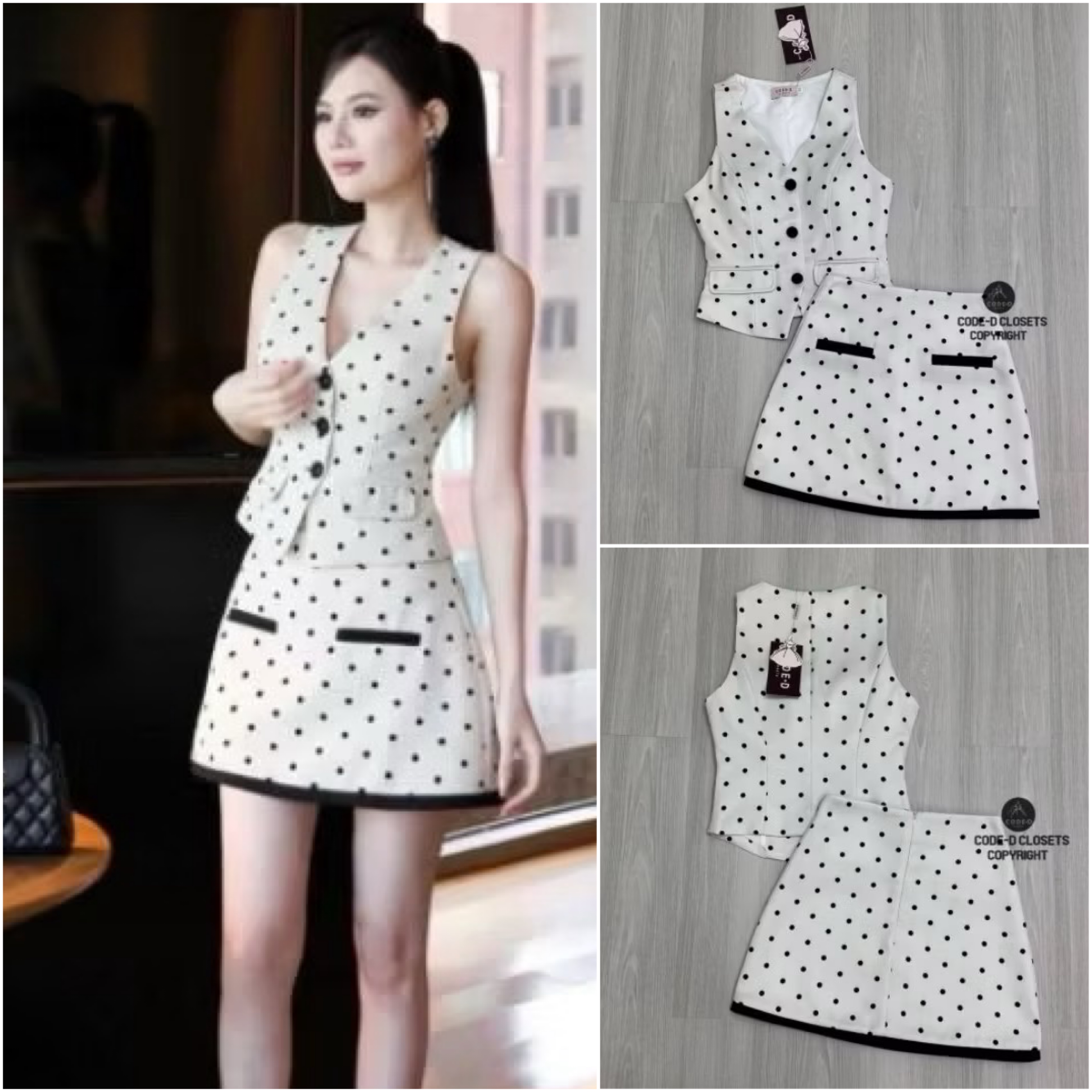 Set 2 ชิ้นลายจุด เสื้อแขนกุด ดีเทลกระดุมหน้า และแต่งปกกระเป๋าหลอกเก๋ๆ ทรงเข้ารูปสวย มาคู่กับกระโปรงสั้น แต่งกุ๊นดำ มีซิปหลัง ใส่สบาย : สินค้าคุณภาพ (พร้อมส่ง)
