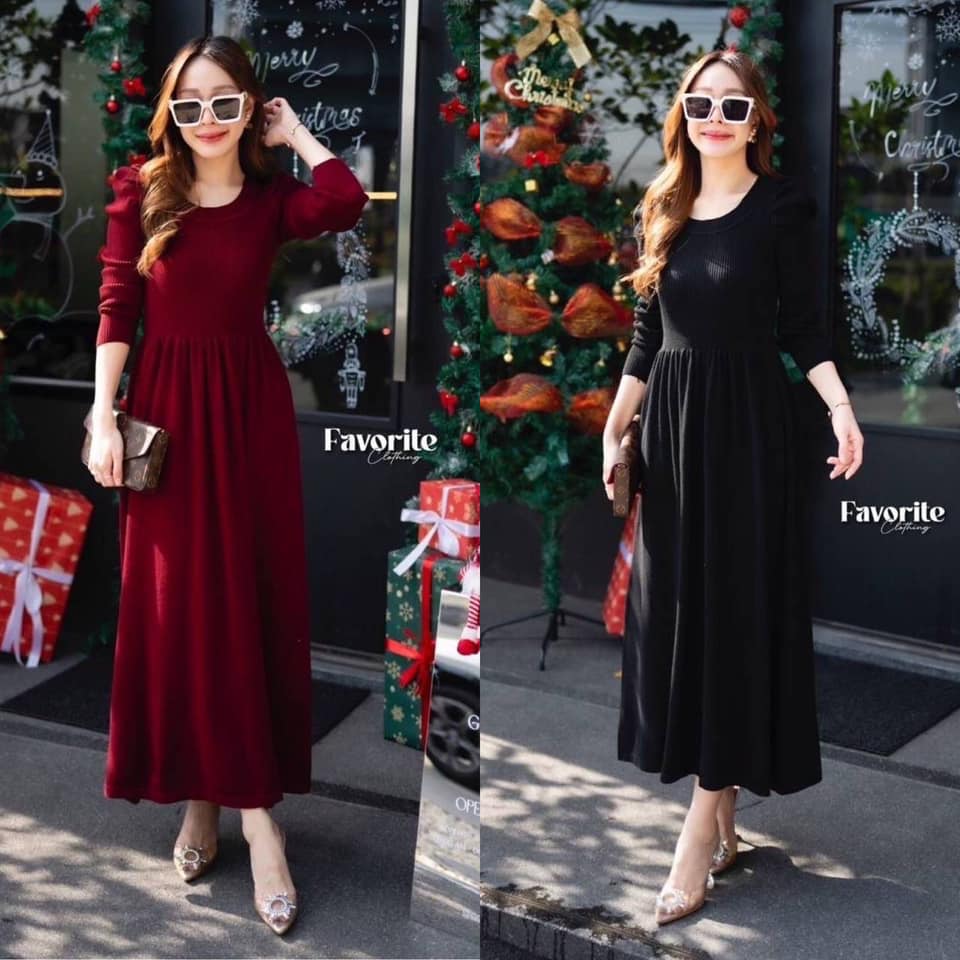 เดรสไหมพรมแขนยาว ดีเทลเย็บเอวจีบ งานผ้าไหมพรมผ้าร่องเนื้อดีทอแน่น ใส่สบาย : สินค้าคุณภาพ (พร้อมส่ง)