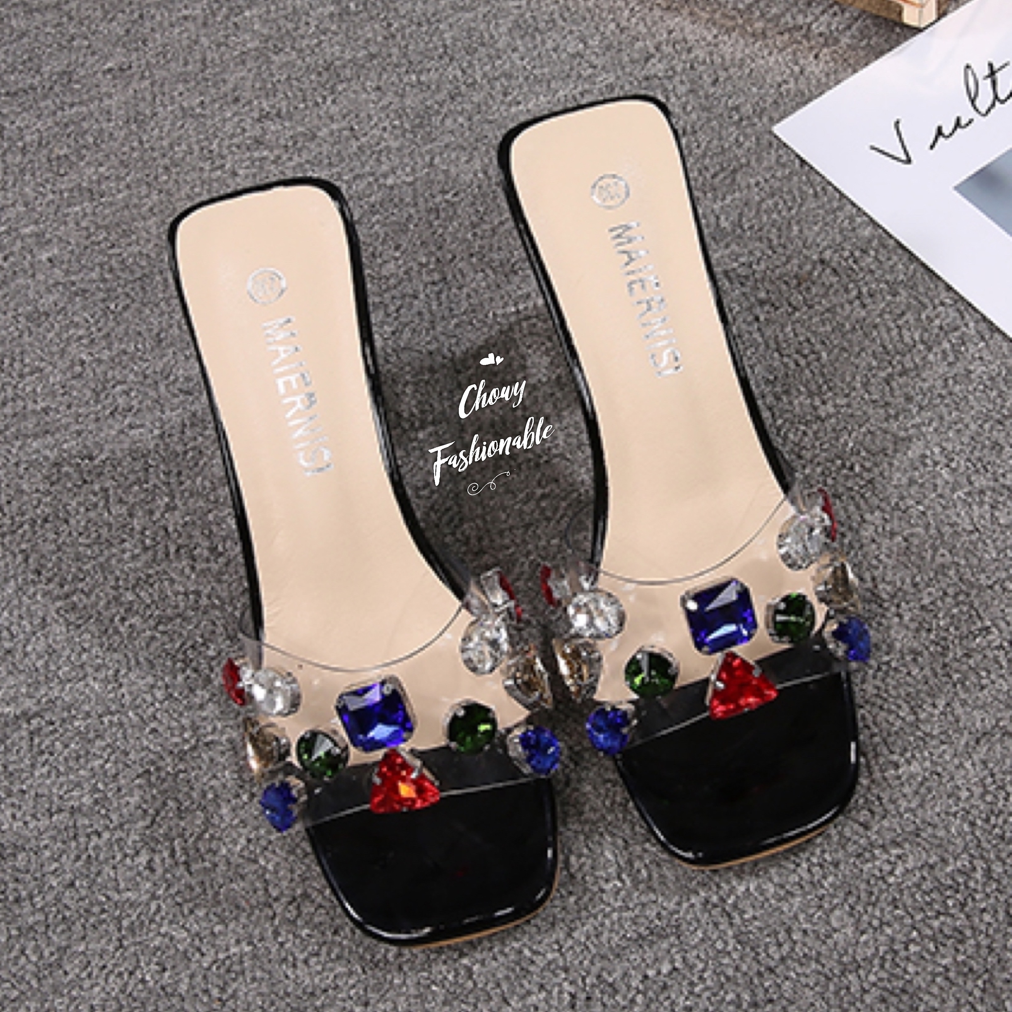 รองเท้าไซส์ใหญ่ 41-46 รองเท้าแตะส้นแก้วใส PU นิ่มใส คริสตอล เพชรเม็ดใหญ่ CHOWY KR1181