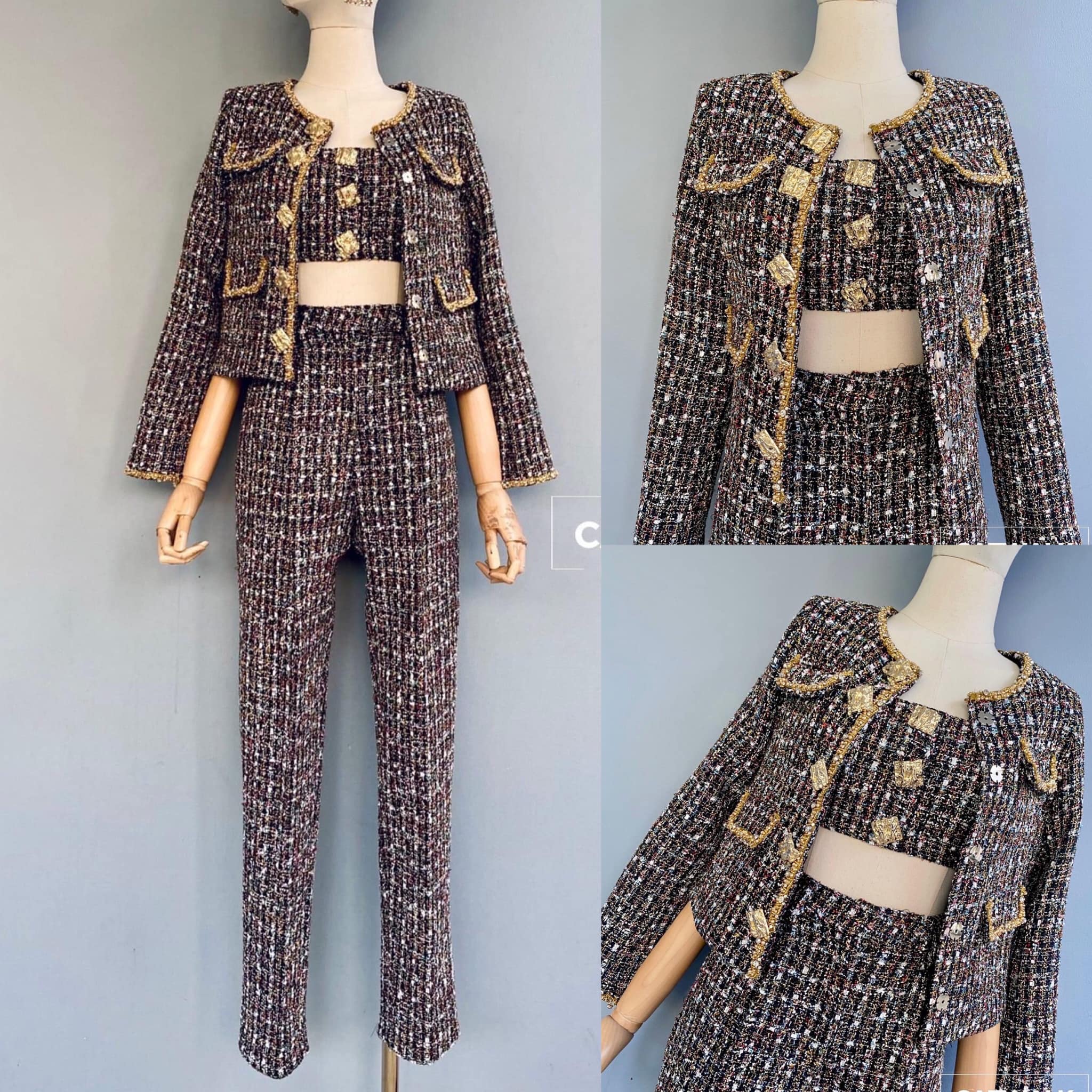 เซตผ้าทวีต 3 ชิ้น เสื้อครอป+เสื้อคลุม+ กางเกง เนื้อผ้าทวีตเกรดเอ สินค้าคุณภาพ (พร้อมส่ง)