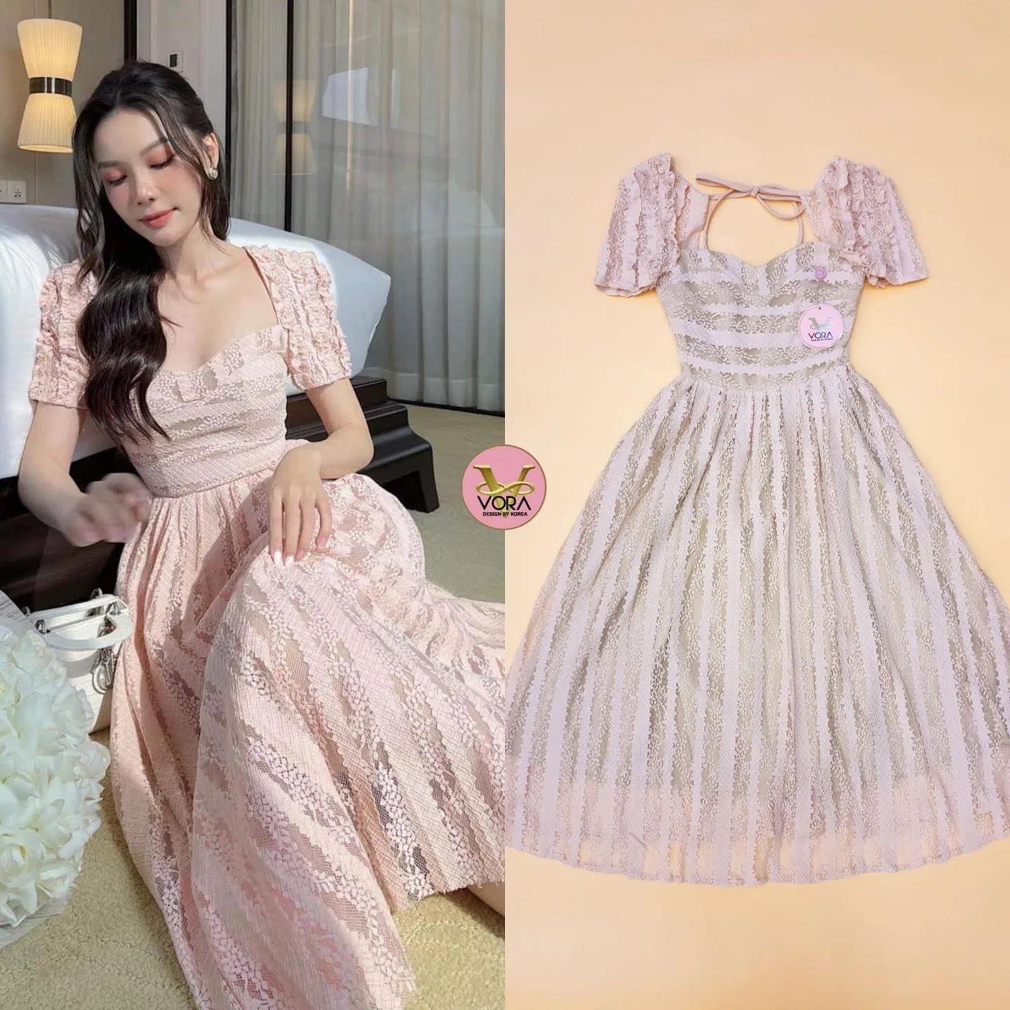 Dress ลูกไม้แขนสั้นตัวยาว แต่งผุกโบว์ ด้านหลัง ช่วงเอวเข้ารูป ชายกระโปรงบาน มีซับ ในทั้งชุด สินค้าคุณภาพ (พร้อมส่ง)