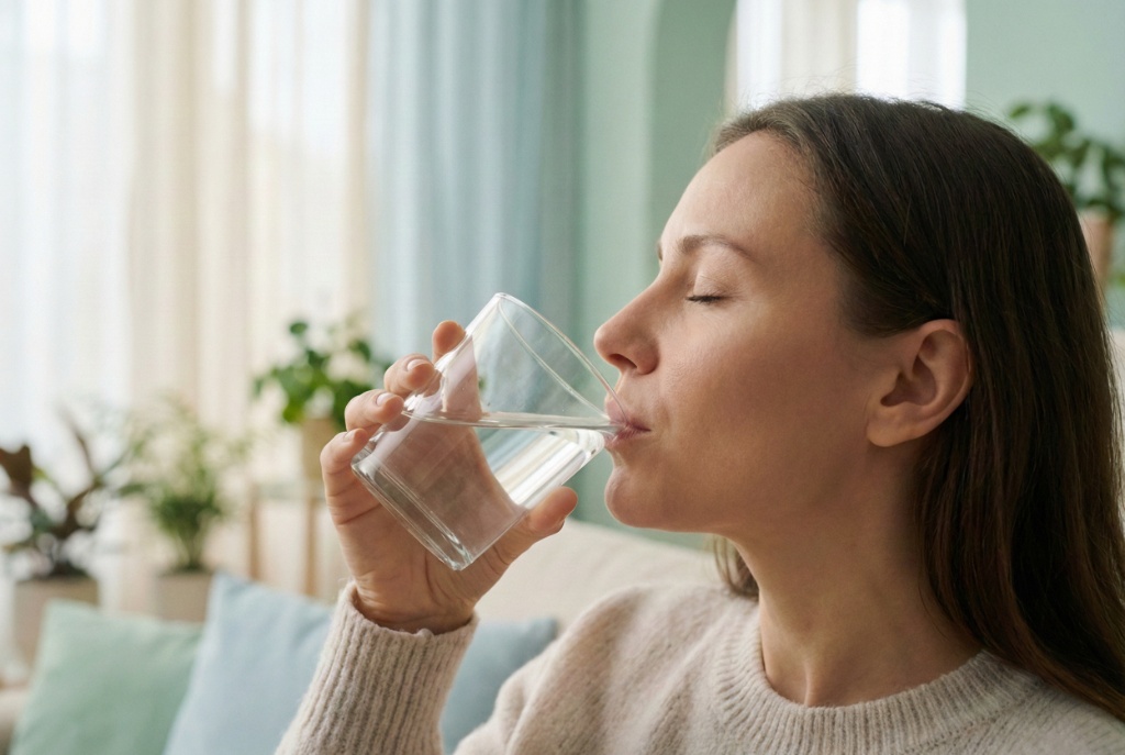 ผู้หญิงดื่มน้ำเย็นด้วยความสดชื่น ช่วยบรรเทาอาการเจ็บคอ