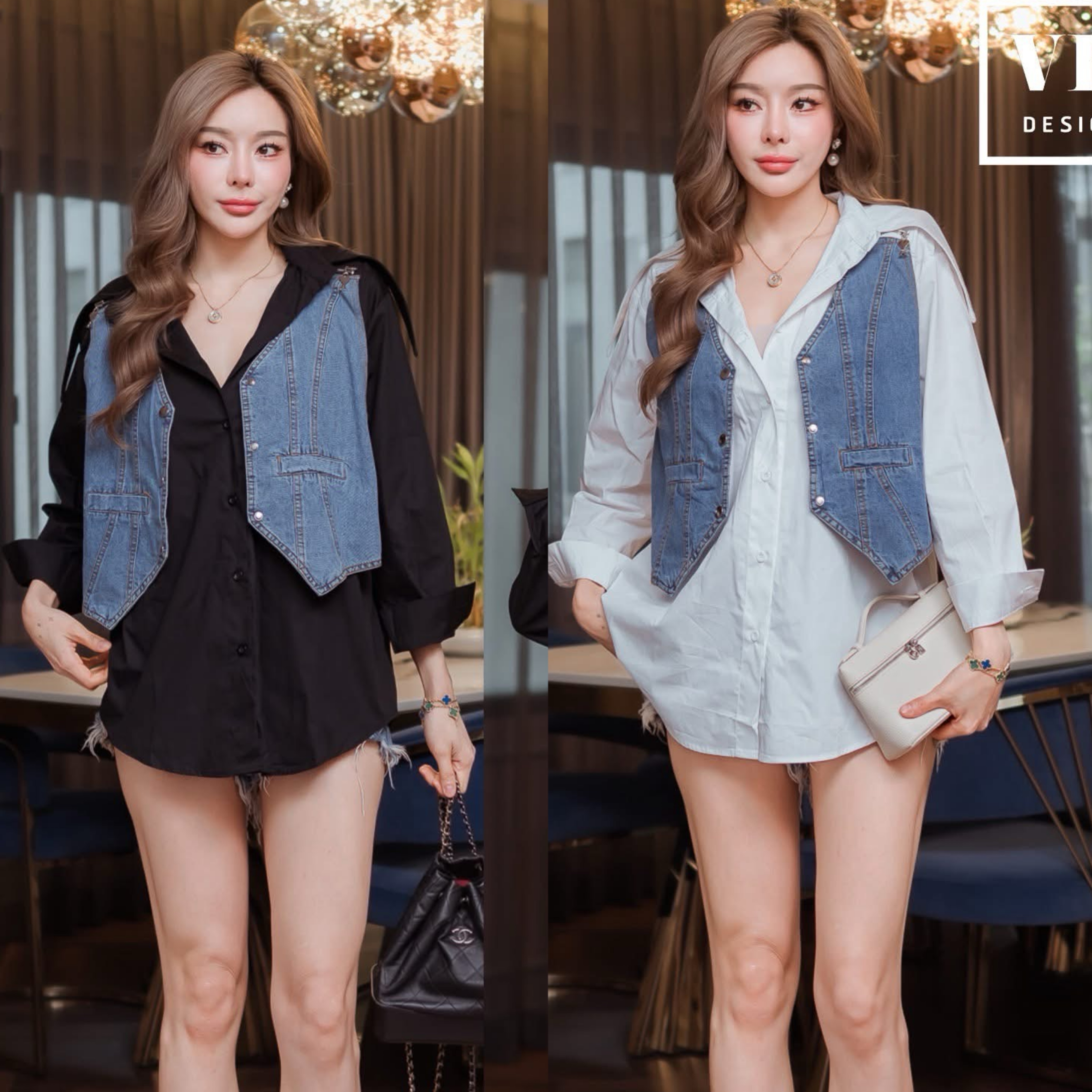 เสื้อเชิ๊ตทรงโอเวอร์ไซต์แต่งผ้ายีนคล้ายเสื้อกั๊กงานน่ารักมากๆนะคะ ดีเทลแต่งซิป หัวซิปแต่งสไตล์แบรนด์ดัง ใส่สบาย : สินค้าคุณภาพ (พร้อมส่ง)