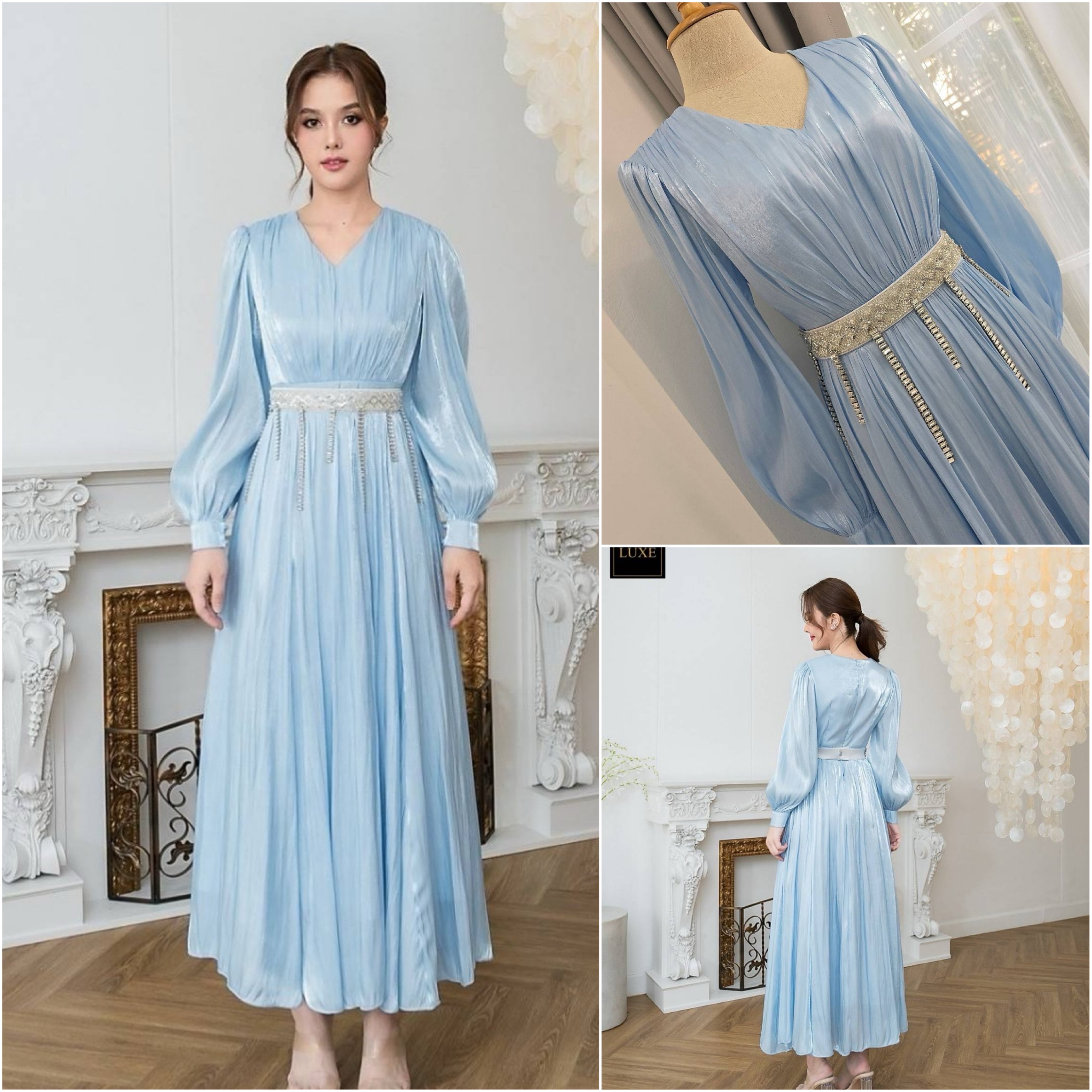 แม็กซี่เดรสเสื้อคอวีแขนยาว กระโปรงบาน +เข็มขัด ใส่สบาย : สินค้าคุณภาพ (พร้อมส่ง)