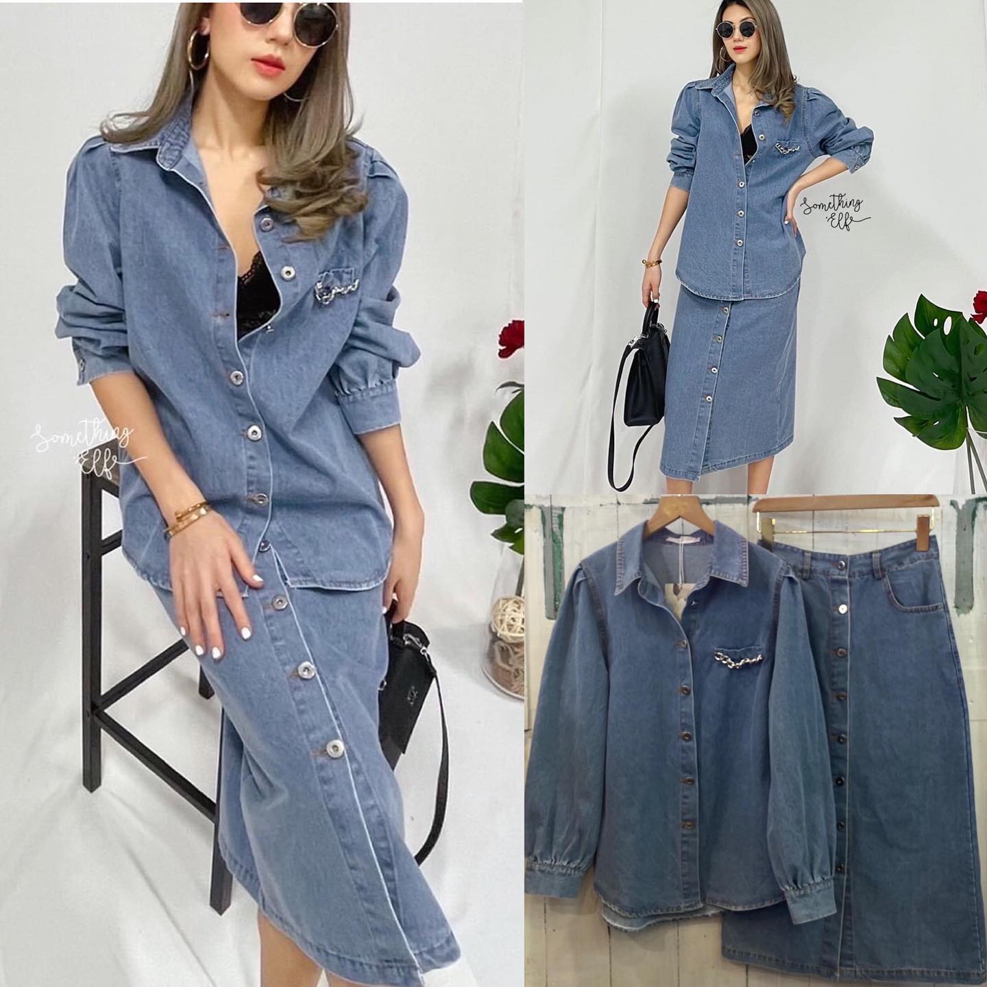 เซท 2 ชิ้น เสื้อเชิ้ต กระดุมตอก มีกระเป๋า หน้าอกแต่งโซ่เงิน มาพร้อมกระเป๋าคลุมเข่า ติดกระดุมหน้ายาว ผ้ายีนส์เนื้อดีนิ่ม ไม่แข็ง ไม่หนา ใส่แยกได้เก๋ๆค่ะ สินค้าคุณภาพ (พร้อมส่ง)