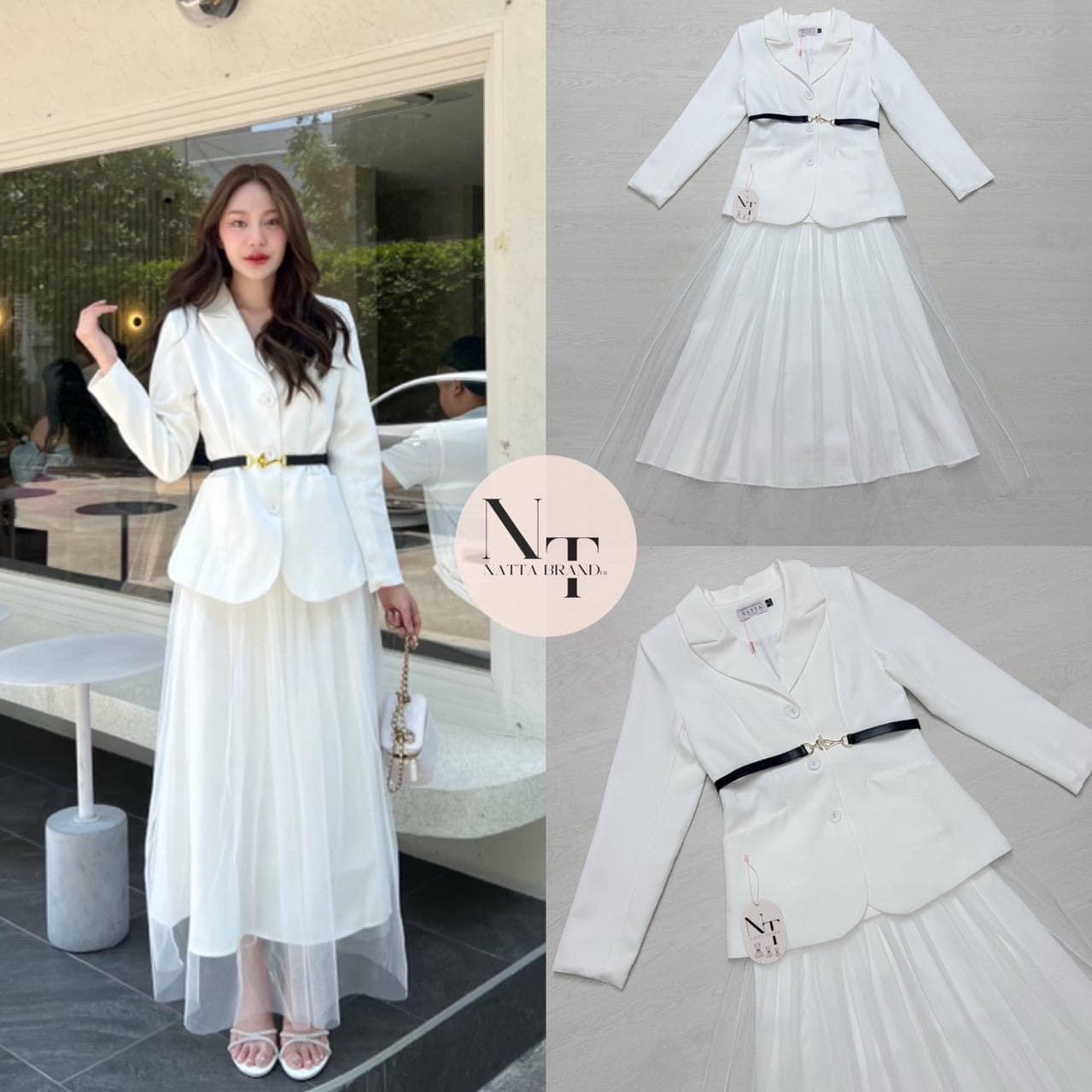 Set 3 ชิ้น เสื้อสูทแขนยาวสีขาว เสริมบ่าให้ทรงสวยติดกระดุมสีขาวด้านหน้า +กระโปรงสีขาว แต่งดีเทลเก๋ และเข็มขัดสีดำ ใส่สบาย : สินค้าคุณภาพ (พร้อมส่ง)