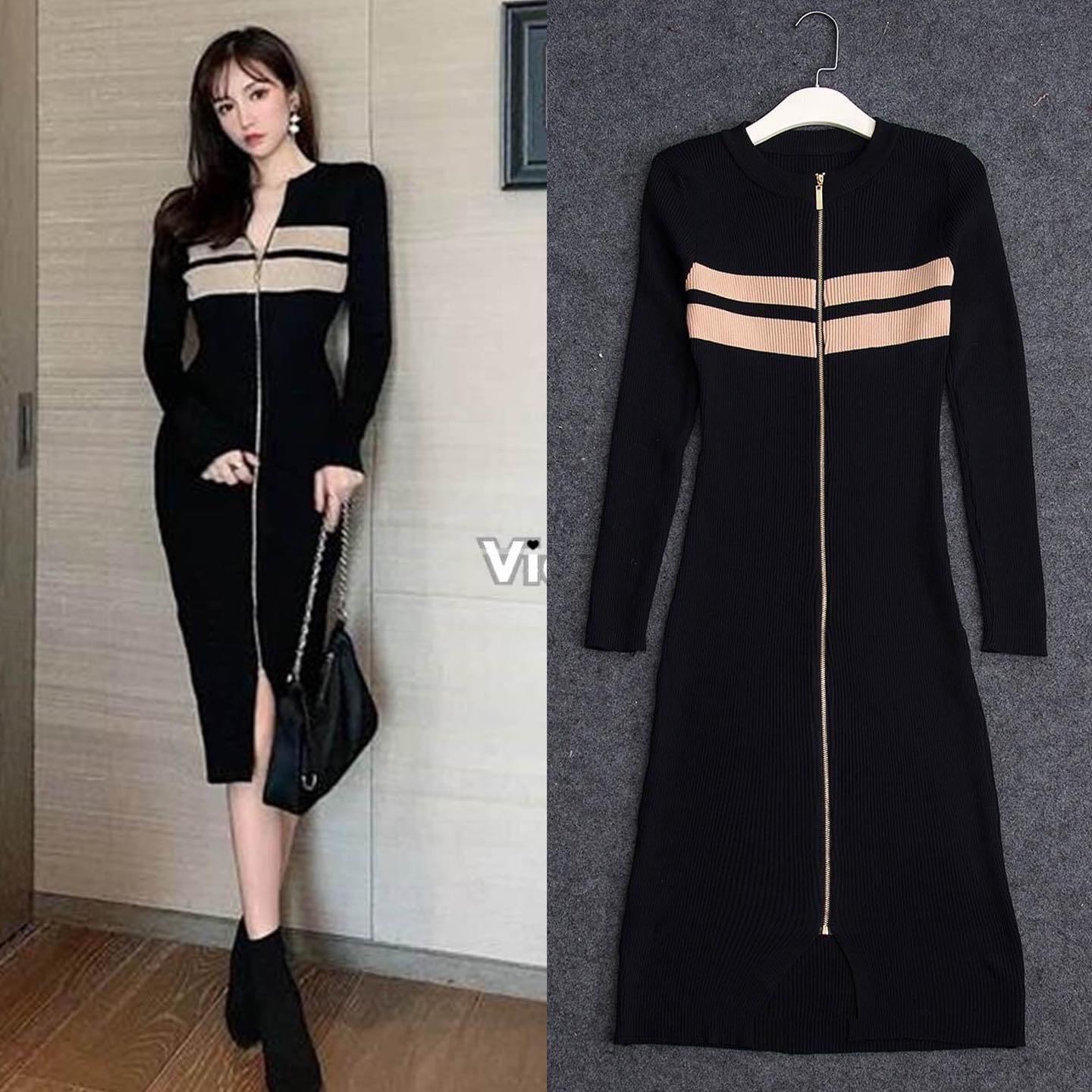 ชุดเดรสไหมพรมเนื้อร่องนิ่ม ซิปทองด้านหน้า เข้ารูปเซกซี่ สินค้าคุณภาพ (พร้อมส่ง)