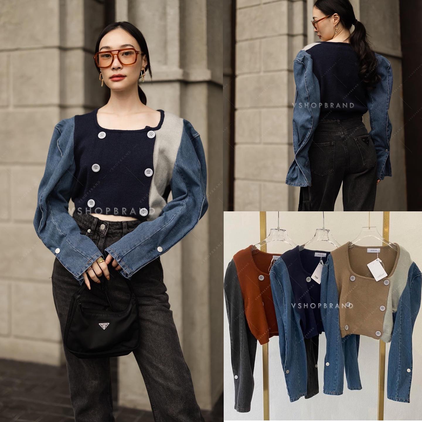 เสื้อครอปไหมพรมทูโทน กระดุมหน้า (ใช้งานได้จริง) เพิ่มความเก๋ด้วยแขนยีนส์แต่ง กระดุมจีบปลายแขน : สินค้าคุณภาพ (พร้อมส่ง)