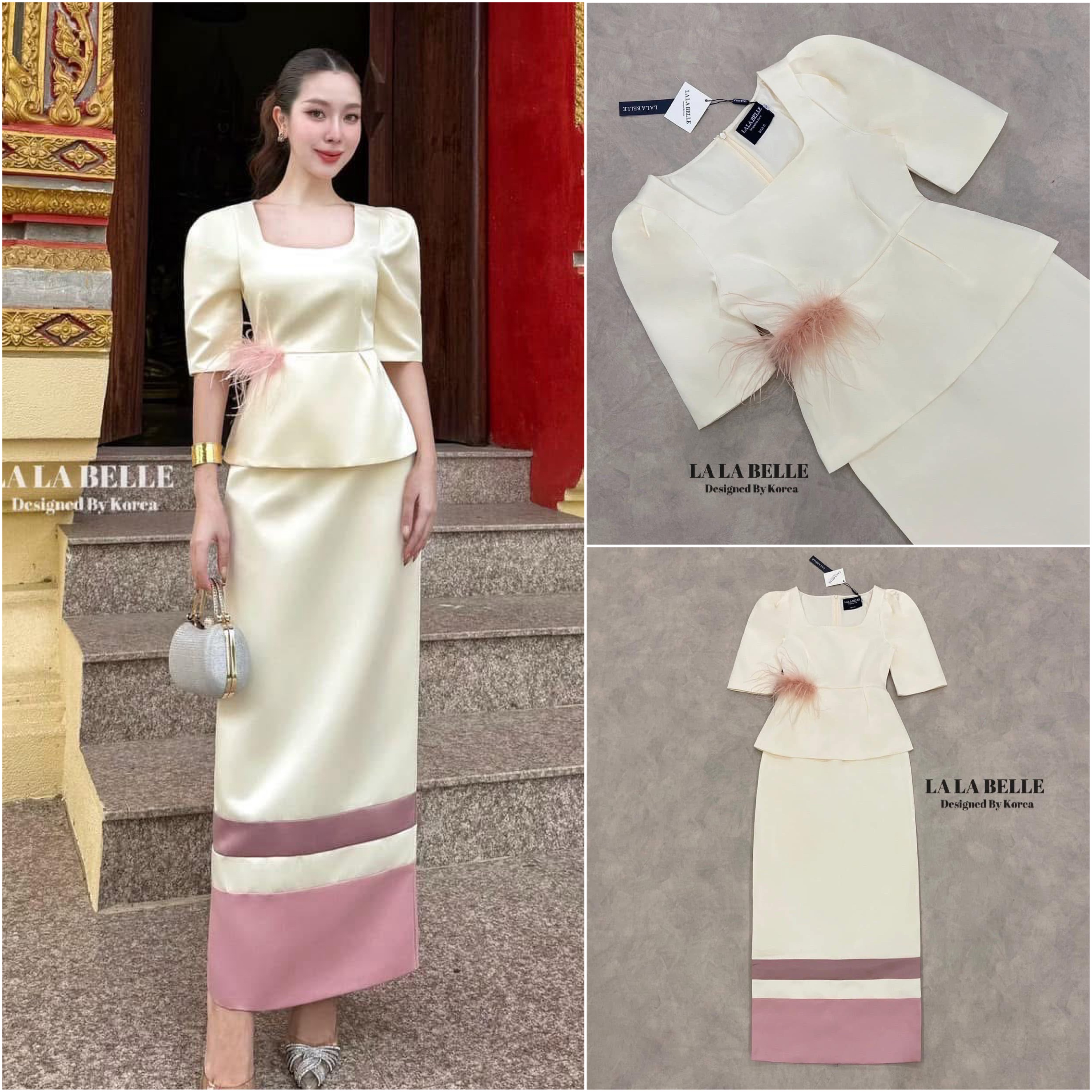 ชุดผ้าไทย ใส่เข้าวัดทำบุญ เซต2ชิ้นผ้าไหมอิตตาลีมีความเงาๆนิดหน่อยเสื้อคอเหลี่ยมแขนสามส่วนเอวเข้ารูปด้านข้างแต่งขนนกสีชมพูอ่อนๆตัดกับสีชุดครีมชายเสื้อระบายใส่คู่กระโปรงยาวทรงสอบแต่งแถบชายกระโปรงด้านหลังกระโปรงผ้ามีซับในอัดกาวทั้งชุด ใส่สบาย : สินค้าคุณภาพ