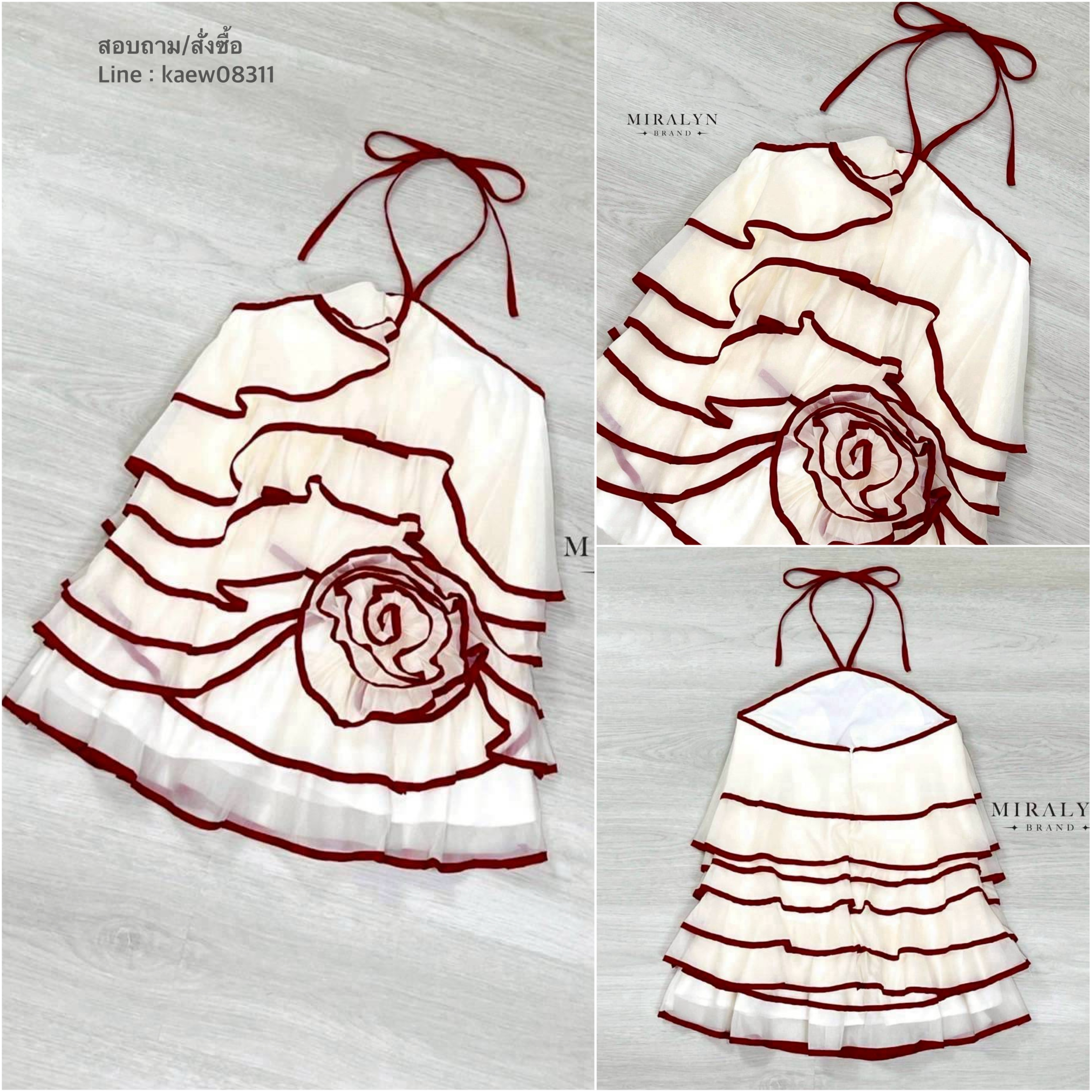 เดรสทรงระบายผูกสายคล้องคอผ้าซีทรูสีครีมแต่งขอบชายระบายสีแดงดีเทลเก๋แต่งระบายเป็นชั้นๆและแต่งดอกดอกไม้ ใส่สบาย : สินค้าคุณภาพ (พร้อมส่ง)