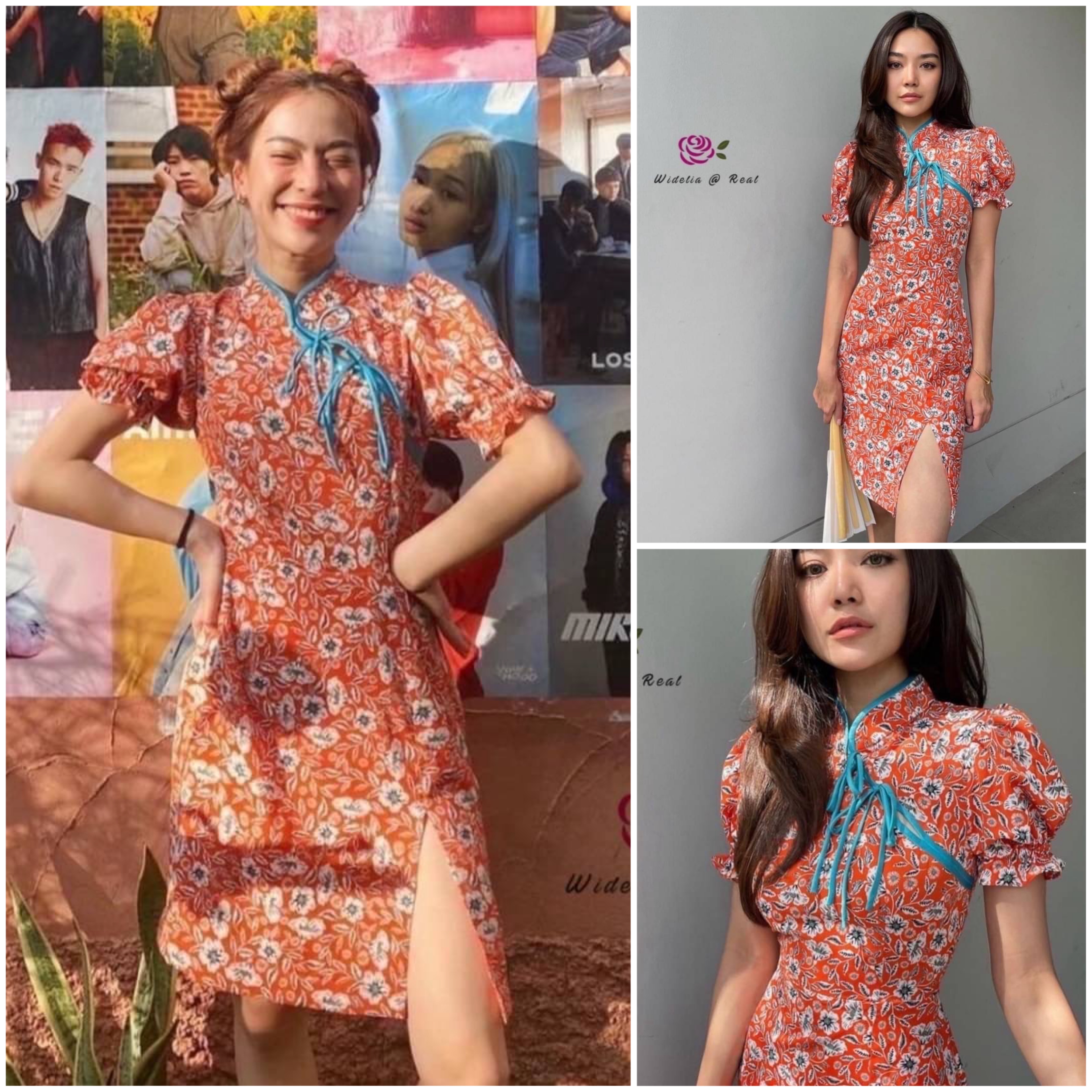 Dress เดรสกี่เพ้าแสนสวย ตัวเดรสแขนพอง คอกี่เพ้า แต่งขอบสีฟ้า ชายเดรสผ่าข้าง ใส่สบาย สินค้าคุณภาพ (พร้อมส่ง)