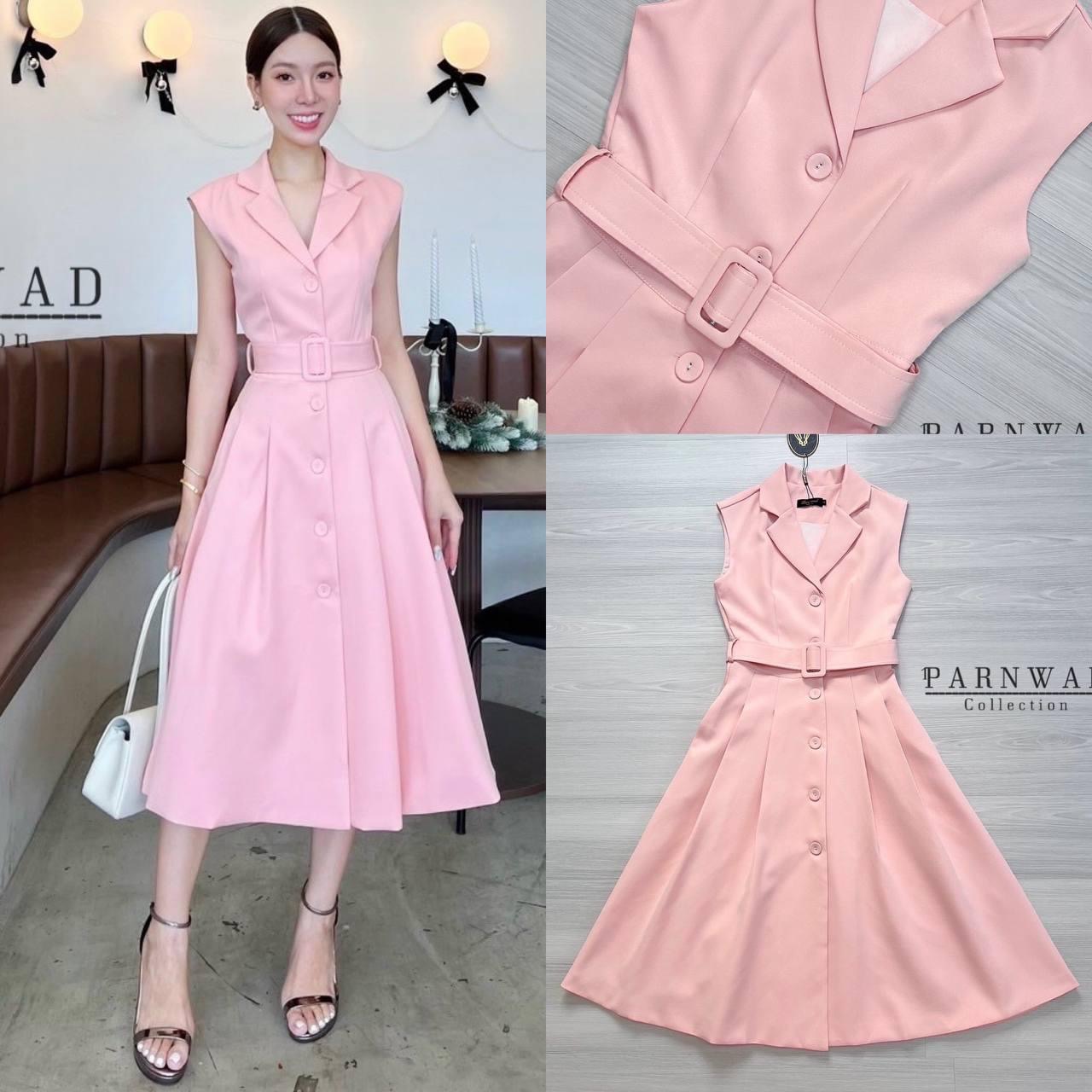 Maxi dress คอปกเชิ้ตแขนล้ำ +เข็มขัด ตีเกล็ดช่วงเอวทรงสวย ใส่สบาย สินค้าคุณภาพ (พร้อมส่ง)