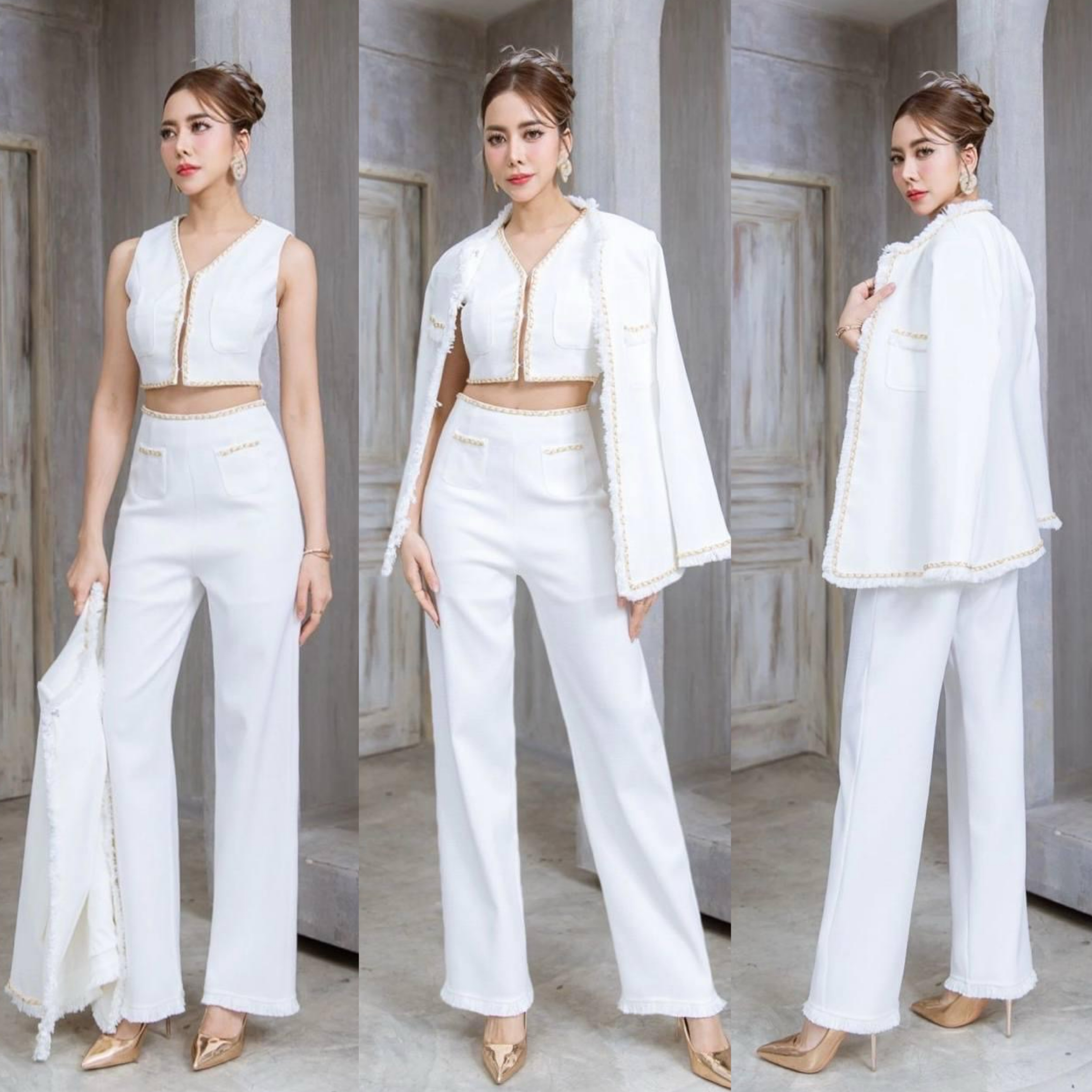 เซต 3 ชิ้น ผ้าทวิตเกรดA แต่งโซ่ทอง ตัวเสื้อกั๊กด้านในเป็นครอปคอวีแขนกุด แต่งขอบด้วยโซ่ทองร้อยริบบิ้นกำมะหยี่สี+เสื้อคลุมทรงกึ่งเข้ารูป+กางเกงเอวสูงทรงขากระบอก สินค้าคุณภาพ (พร้อมส่ง)