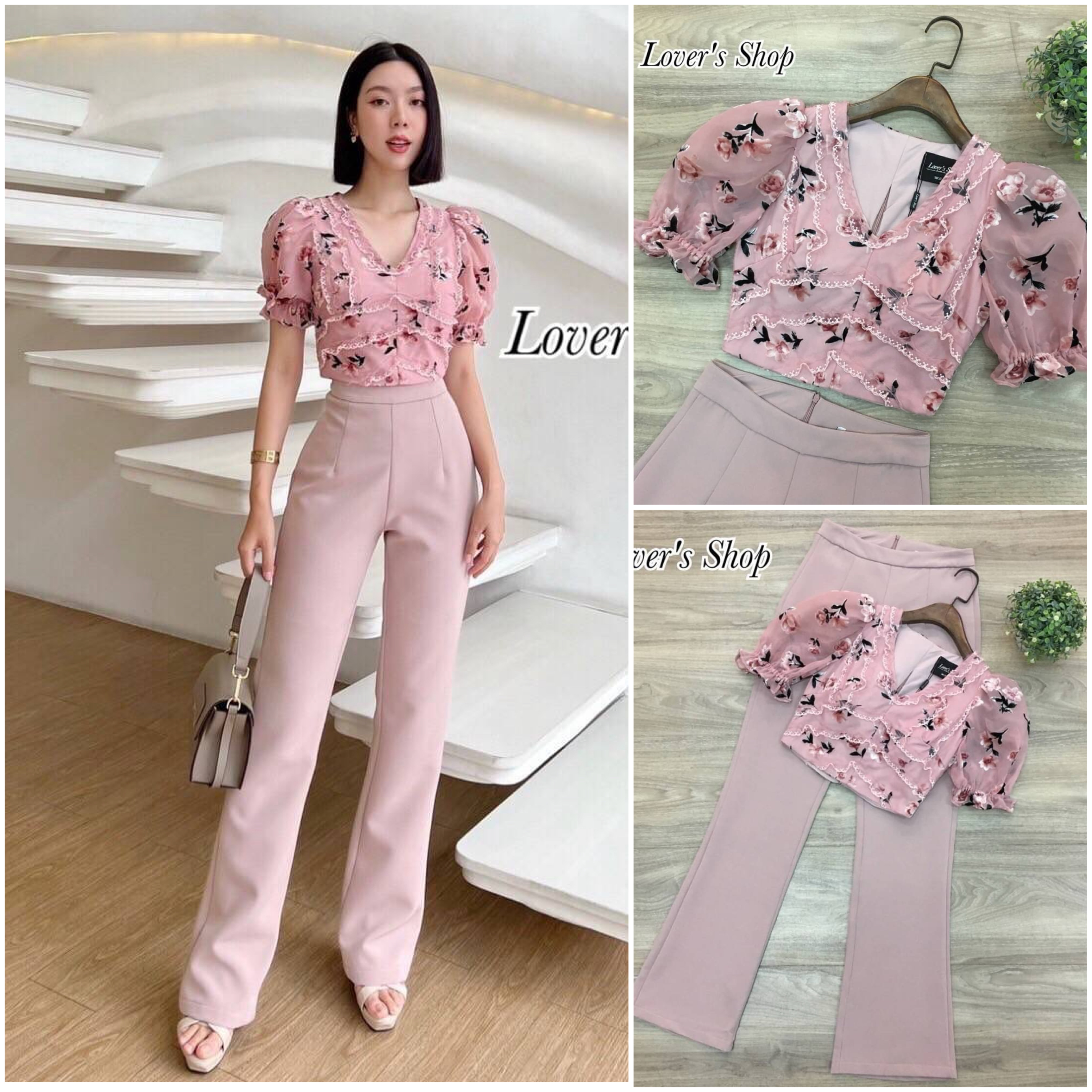 เซ็ท2ชิ้น ชุดเซ็ทเสื้อคร็อปทรงแขนตุ๊กตา เนื้อผ้าลายดอกไม้กำมะหยี่ เอวไม่ลอย มาพร้อมกางเกงเอวสูง สินค้าคุณภาพ (พร้อมส่ง)