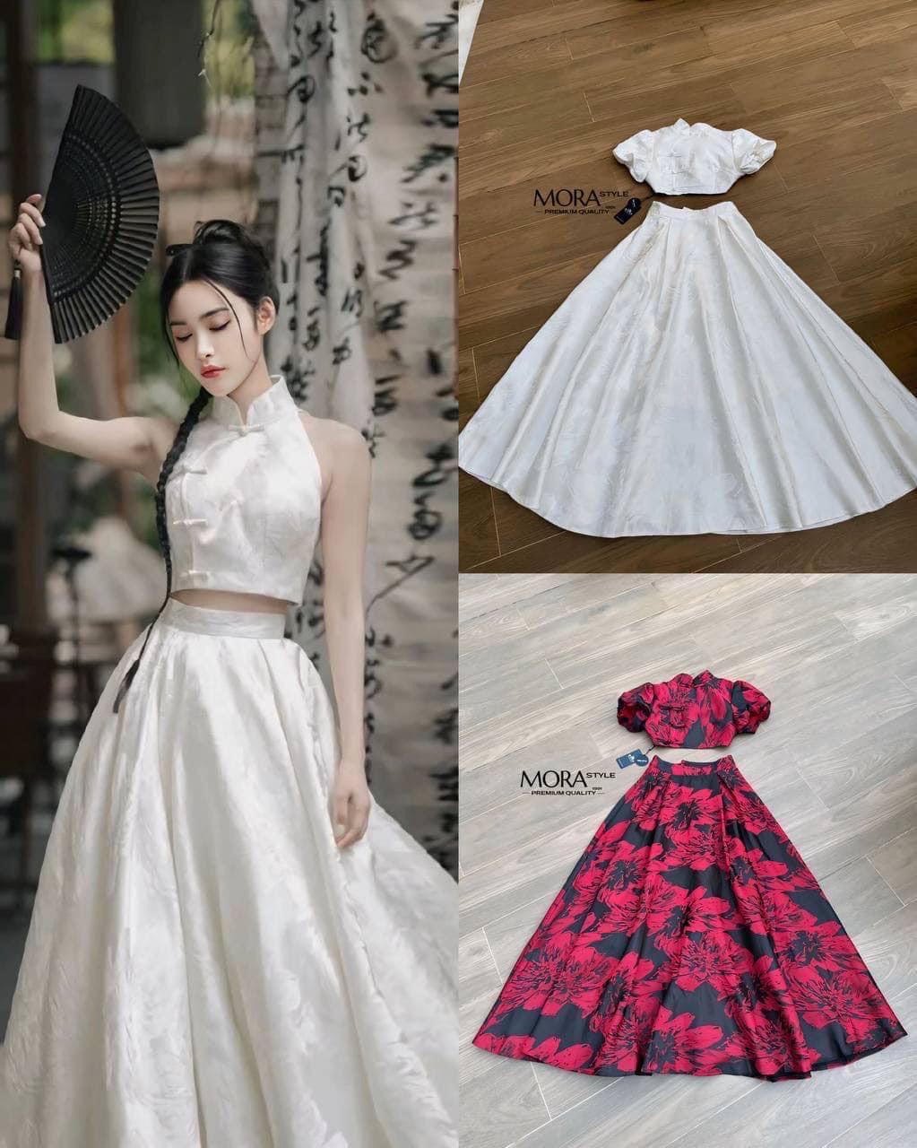 เซ็ตกี่เพ้า 2 ชิ้น เสื้อแขนจั้มตุ๊กตา ด้านหลังโชว์แซปๆพร้อมเชือกผูกโบว์ มาพร้อมกับกระโปรงยาวผ้าหนาหนัก อลังการ ใส่สบาย : สินค้าคุณภาพ (พร้อมส่ง)