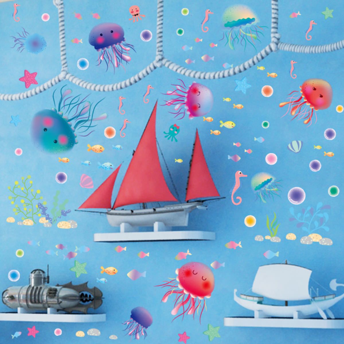 สติกเกอร์แต่งห้อง DIY ลายแมงกระพรุน ลอกออกแล้วติดซ้ำได้