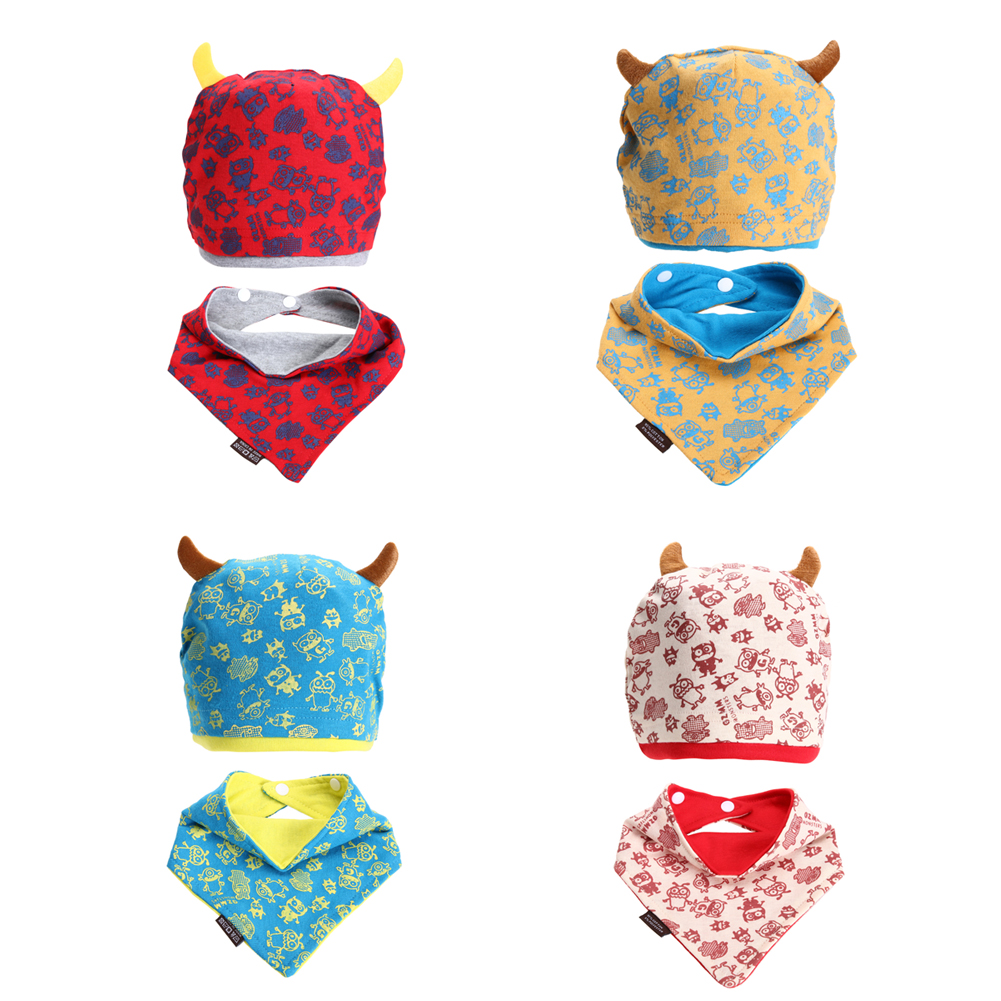 เซตหมวก+ผ้ากันเปื้อนเด็กอ่อน สไตล์เกาหลี ปีศาจน้อยน่ารัก สำหรับเด็กวัย 3-24 เดือน