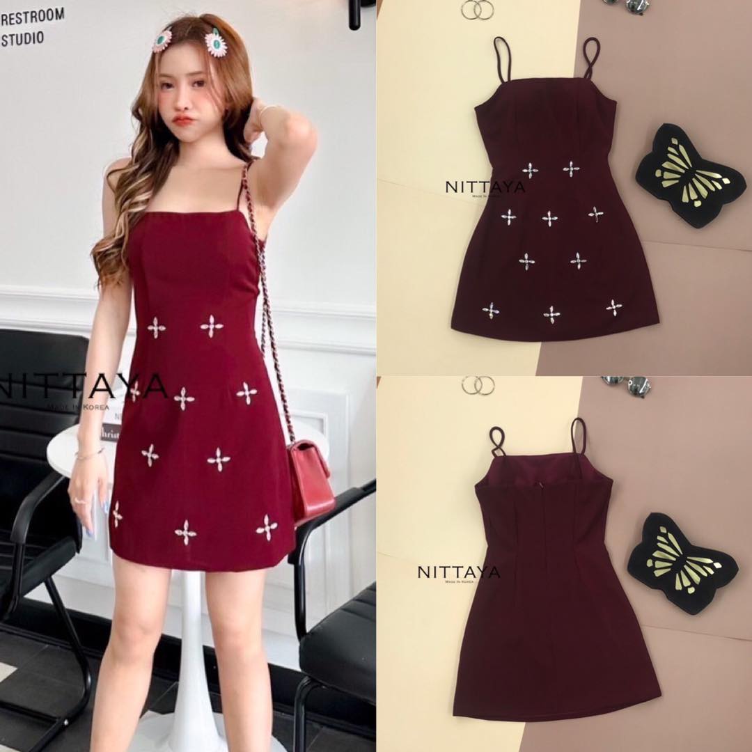 เดรสสายเดี่ยวเรียบหรู ปักเพชร แต่งดอกไม้ รุ่นนี้งานจริงน้องน่ารักมาก สินค้าคุณภาพ (พร้อมส่ง)