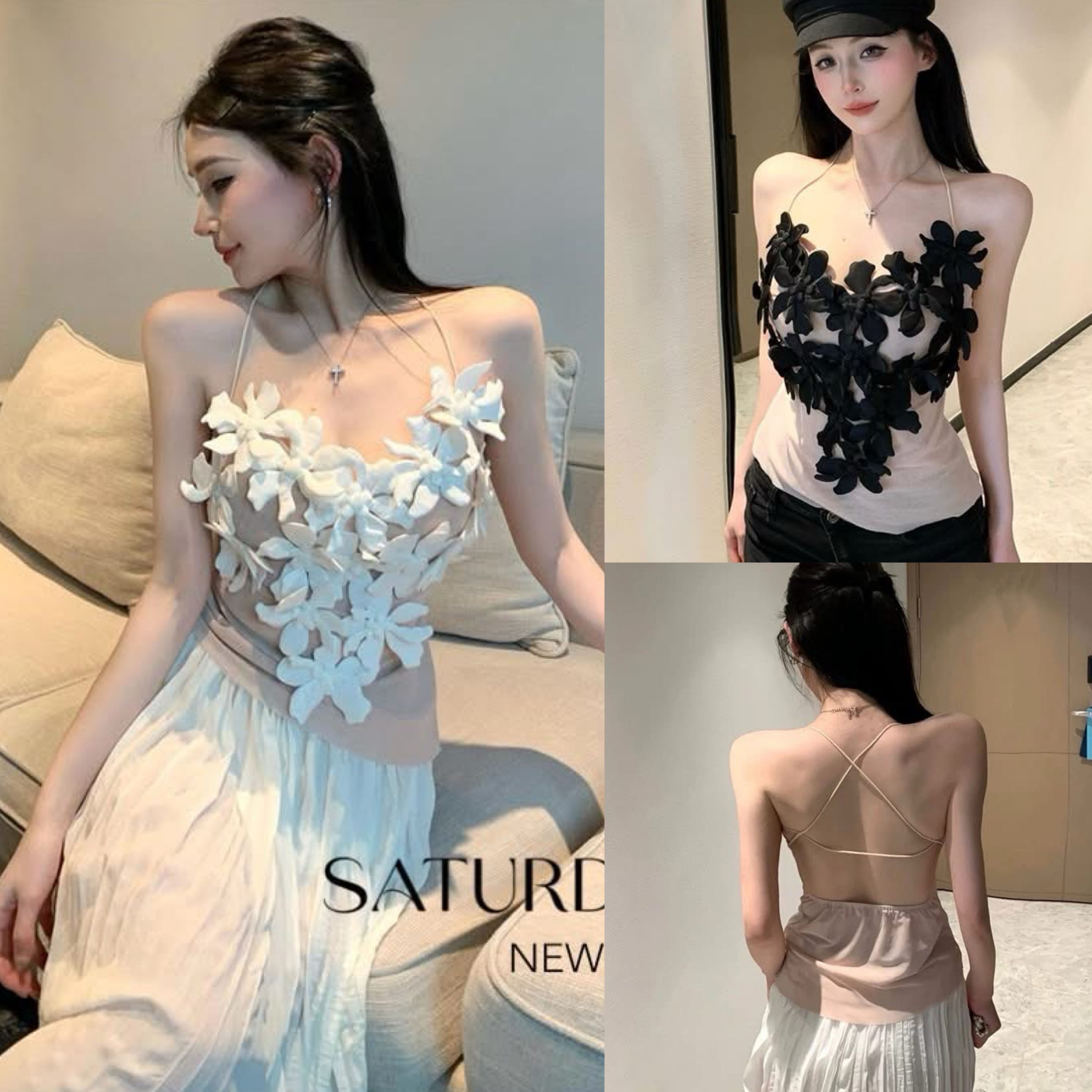 เสื้อสุดจึ้ง ทรงสายเดี่ยว ตัวสายยืดหยุ่นได้ค่า ตัวเสื้อ เป็นผ้าซีทรูสีเนื้อสองชั้น ไม่บางมากค่ะ detail แต่งดอกไม้นูนสุดจึ้งดอกแน่นมาก ด้านหลังมียางยืดกระชับช่วงตัว ใส่สบาย : สินค้าคุณภาพ (พร้อมส่ง)