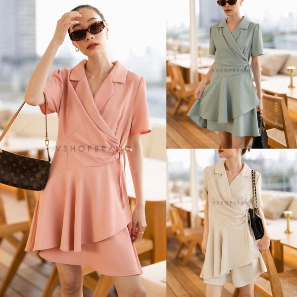 เดรสสคอปกผูกหน้า จับจีบเอว 👍🏻 สินค้าคุณภาพ (พร้อมส่ง)