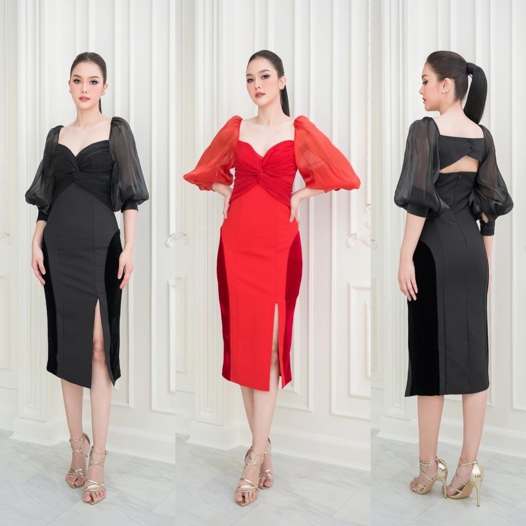 เดรสเสื้ออกเว้ามีโครง แขนบอลลูนผ้าเครปออแกนดี้ สินค้าคุณภาพ (พรอมส่ง)