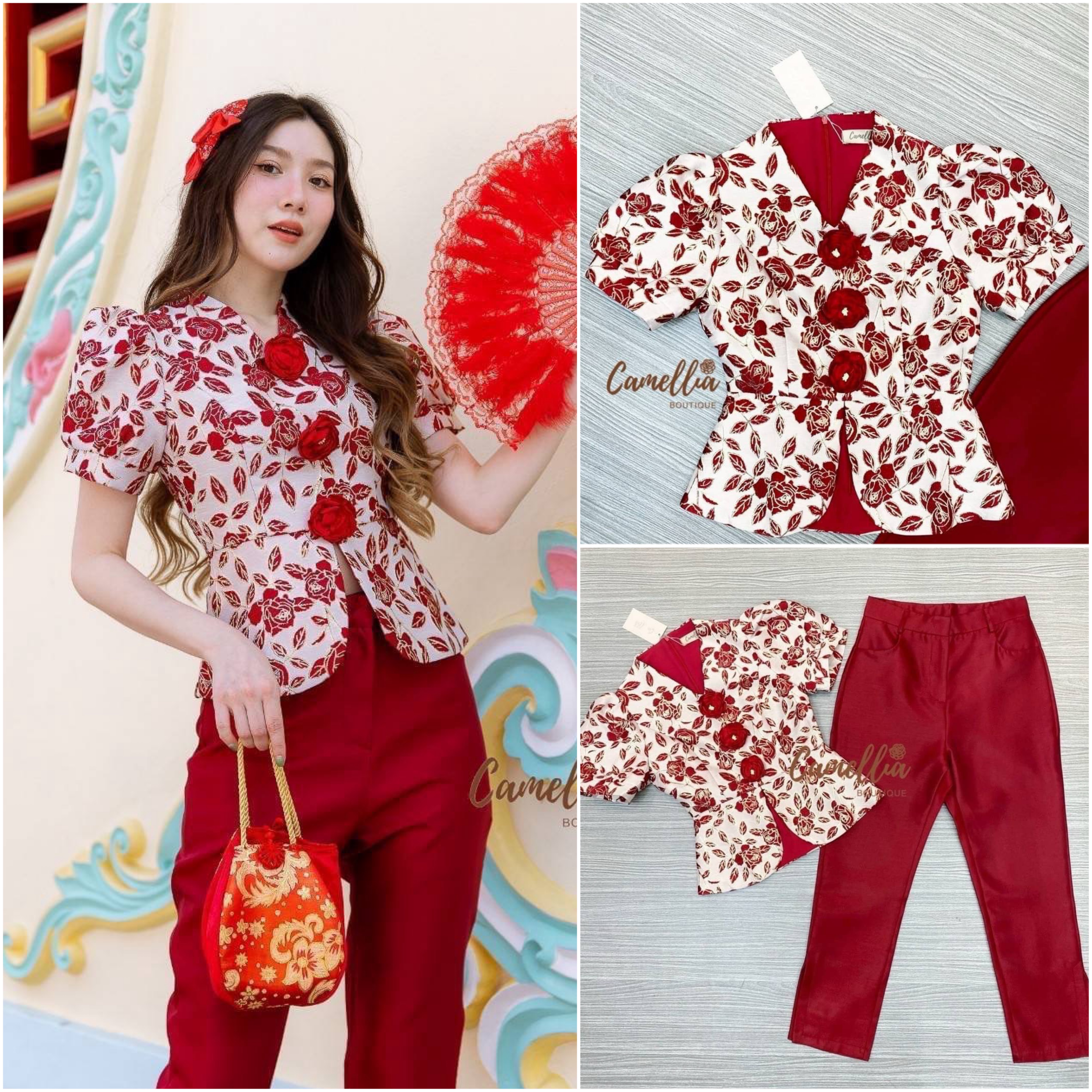 ชุดSet เสื้อคอจีนผ้าทอลายดอกไม้ สววเกร๋แต่งกระดุมเป็นเข็มกลัดดอกไม้(ถอดออกได้) + มาคู่กับกางเกงขายาว 9 ส่วนผ่าข้าง ผ้าดีทรงเป๊ะ ใส่สบาย : สินค้าคุณภาพ (พร้อมส่ง)