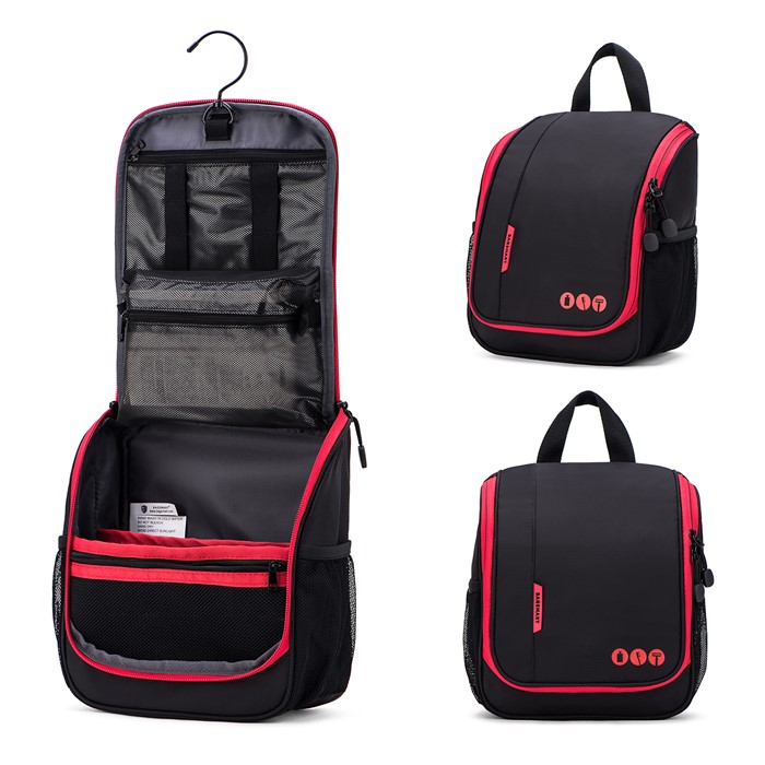 Bagsmart กระเป๋าใส่อุปกรณ์อาบน้ำ คุณภาพสูง ใส่อุปกรณ์อาบน้ำ แขวนได้ มีช่องใส่ด้านข้างสองด้าน สำหรับเดินทาง ท่องเที่ยว (Black-Red)