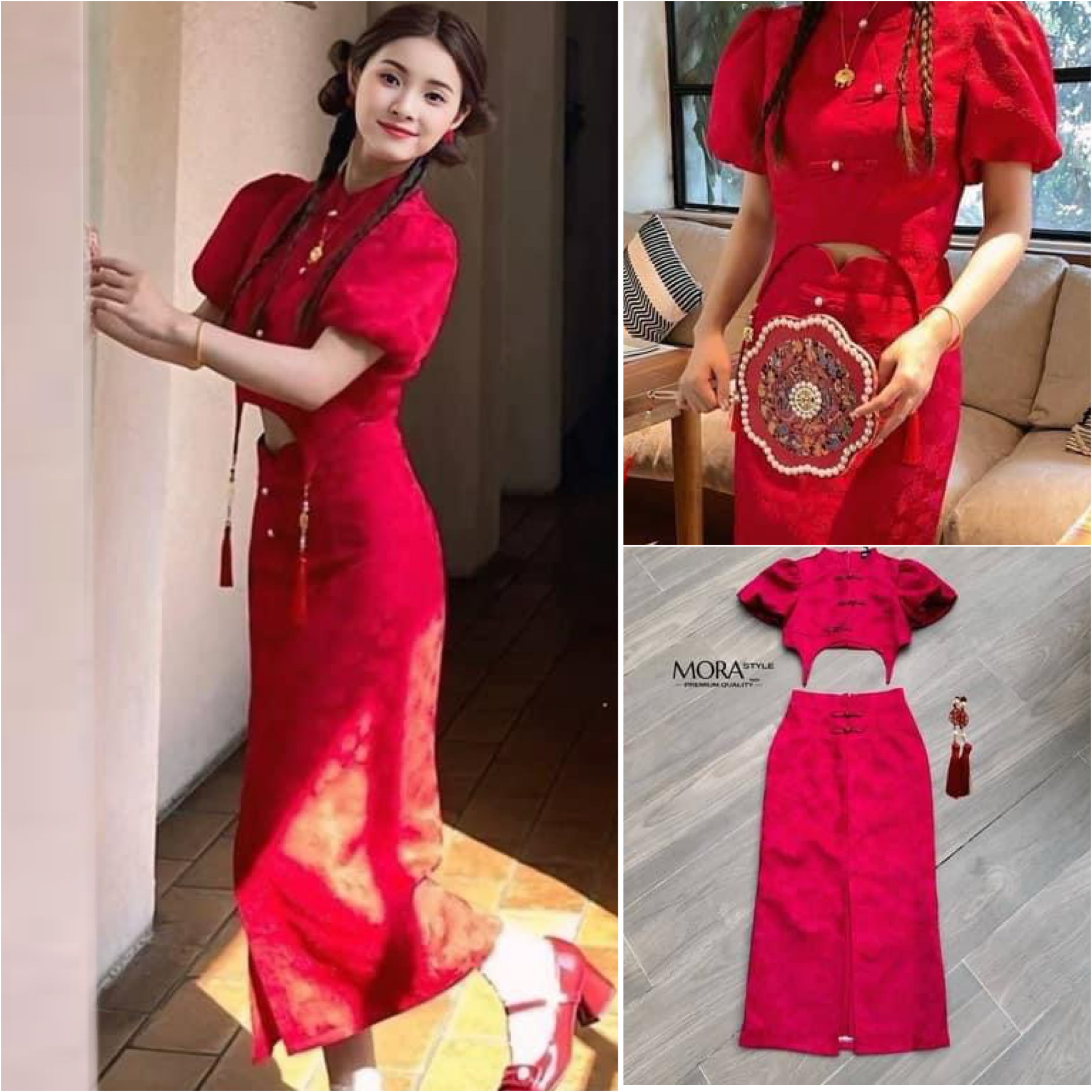 เซ็ตกี่เพ้า 2 ชิ้น เสื้อแขนจั้มตุ๊กตา งานซิปหลังอย่างดี มีอะไหล่แต่งพู่ห้อยที่ปลายเสื้อให้ 2 ชิ้น มาพร้อมกับกระโปรงยาวผ่าหน้า ใส่สบาย : สินค้าคุณภาพ (พร้อมส่ง)