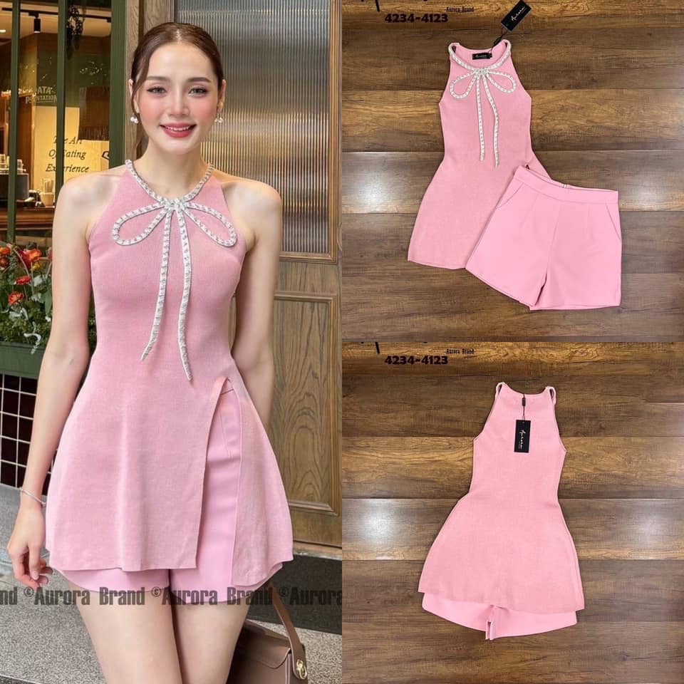 Set เสื้อนิตติ้งสีสันหวานสดใส แต่งอะไหล่สวยหรูฝุดๆ (เสื้อทรงสวม)+กางเกงขาสั้น ใส่สบาย : สินค้าคุณภาพ (พร้อมส่ง)