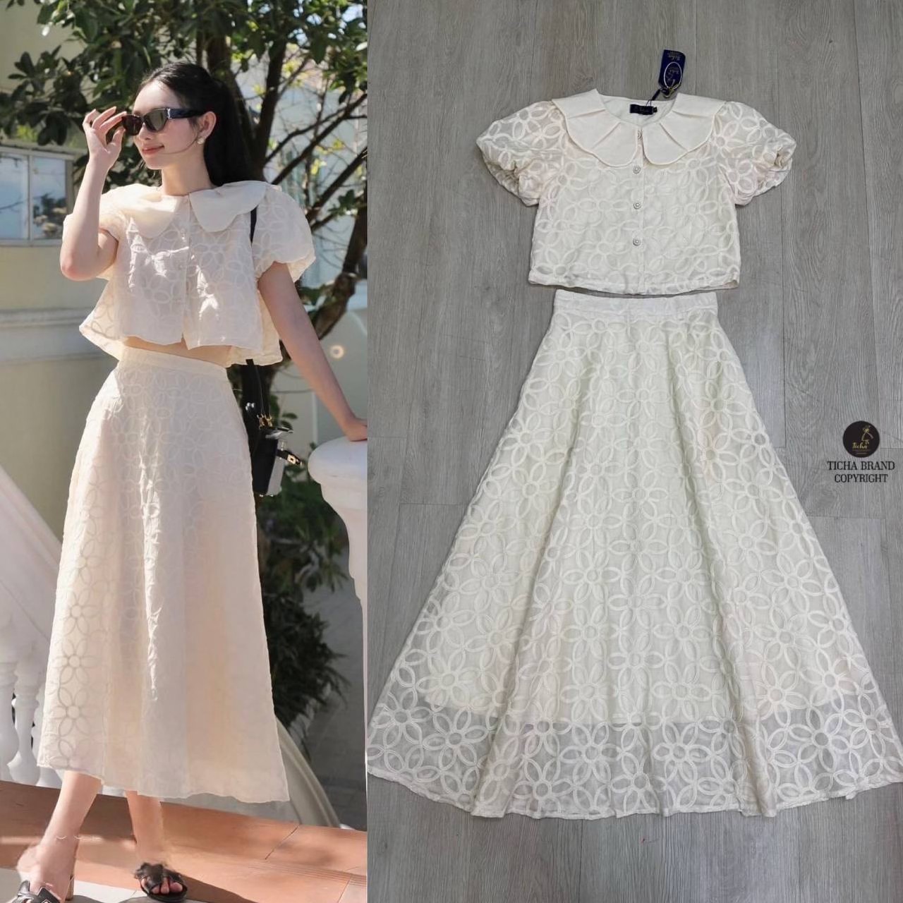 เซต2ชิ้น สีครีม เสื้อคอบัวแขนบอลลูน มีกระดุมหน้าให้งานได้จริง มาพร้อมกระโปรงยาว มีกระเป๋า2ข้างล้วงได้เก๋ๆ มีซิปหลัง สินค้าคุณภาพ (พร้อมส่ง)