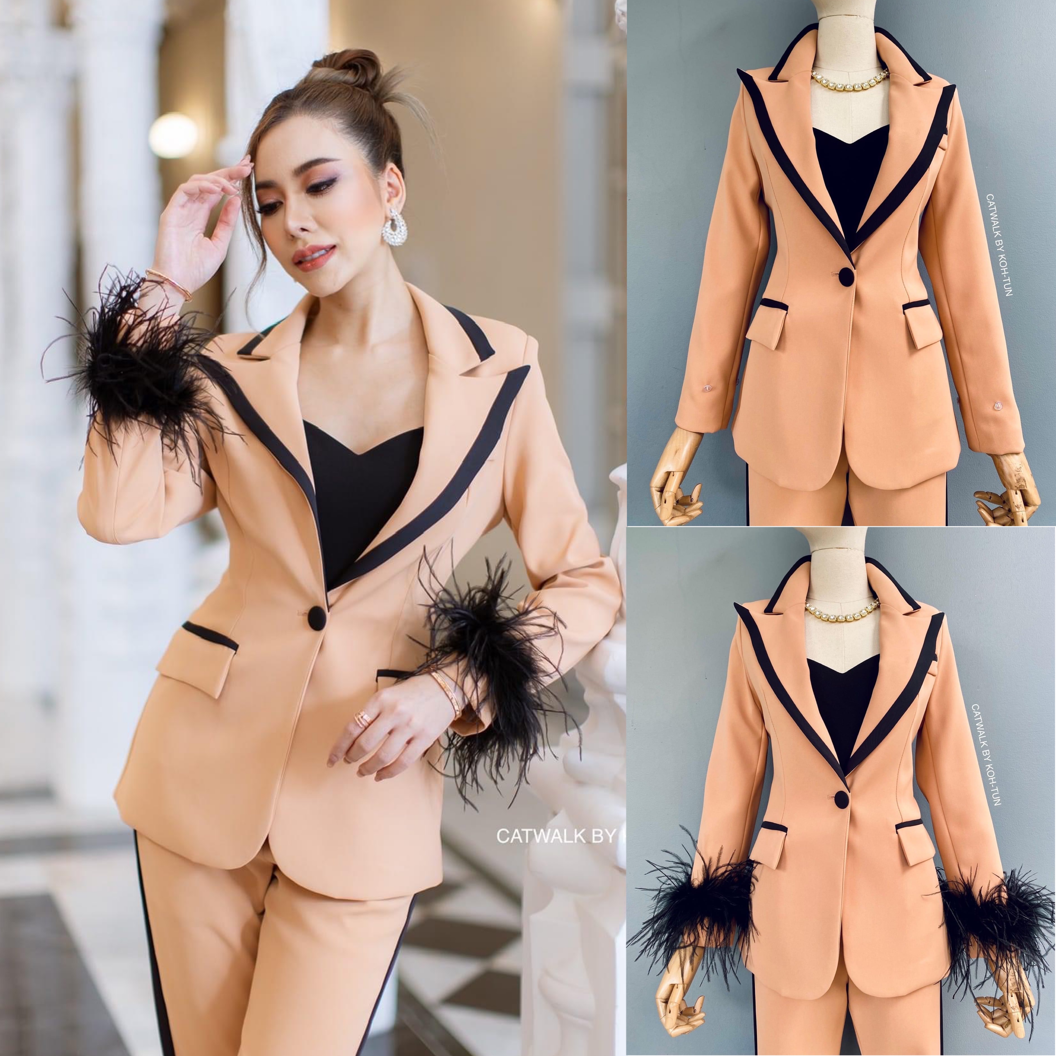 เซตBLAZERทูโทนแต่งขนนกแขน (ถอนได้)เนื้อผ้าเกรดเอ เนื้อนุ่มทิ้งตัว ตัวBLAZERเป็นทรงเข้ารูป แต่งขอบปกและขอบกระเป๋า คู่กับกางเกงเอวสูงขายาว ทรงขากระบอกเล็ก สินค้าคุณภาพ (พร้อมส่ง)