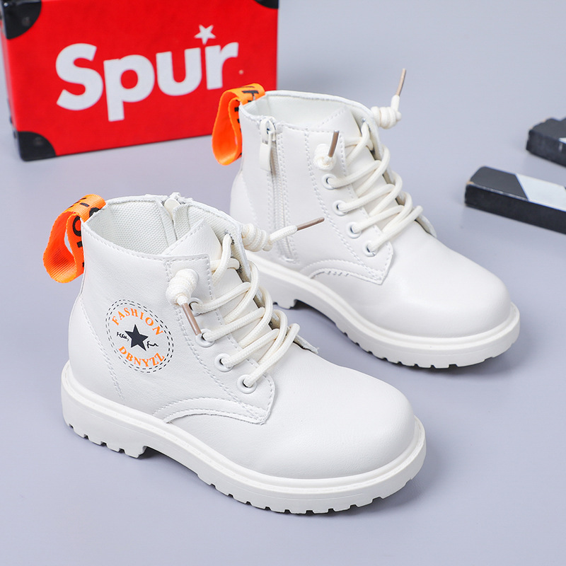 รองเท้าบู๊ทเด็ก บู้ทสั้นเด็ก บูทเด็กสีขาวออฟไวท์ ผูกเชือก มีซิปข้าง Size 26-37